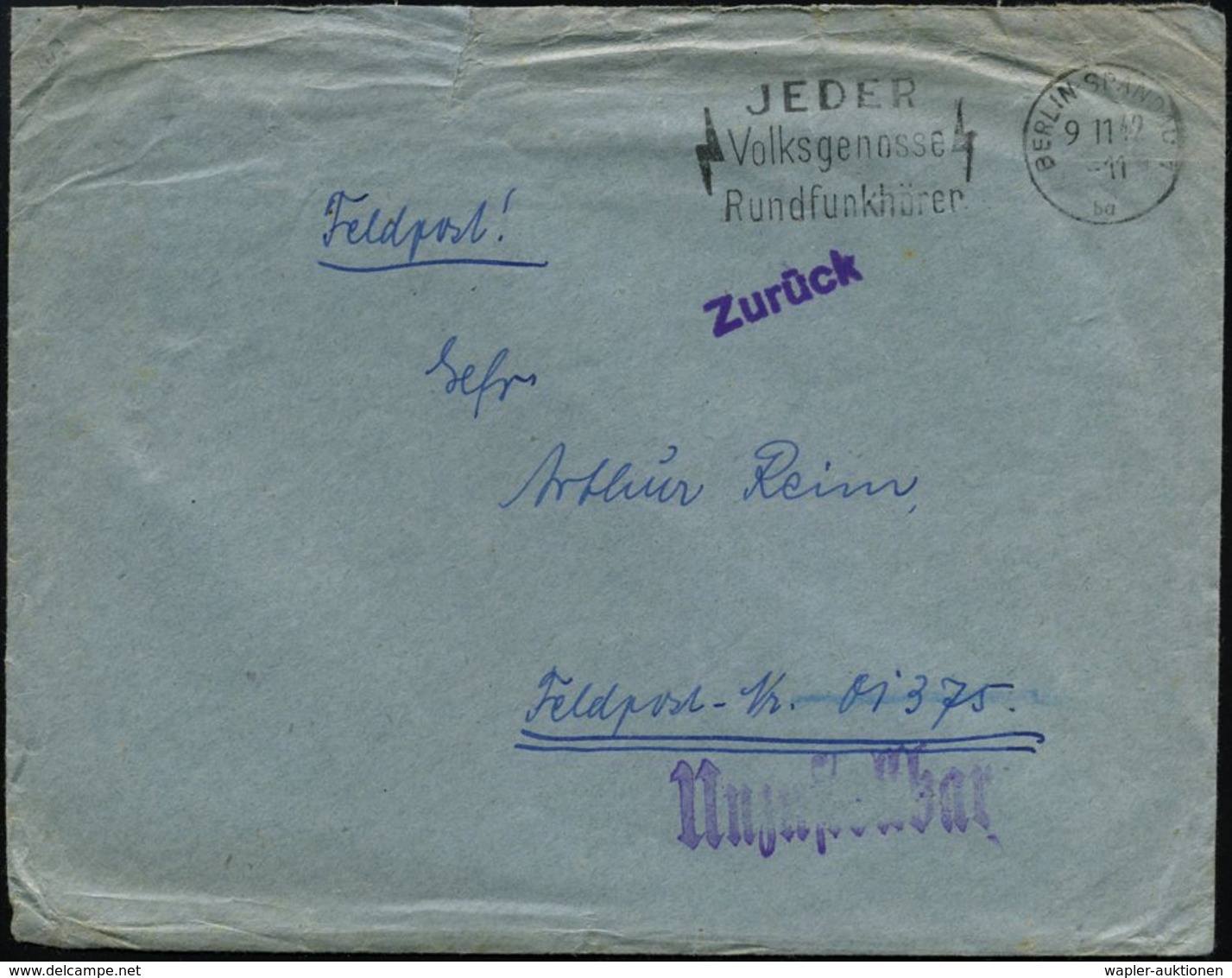 BERLIN-SPANDAU 1/ Bg/ JEDER/ Volksgenosse/ Rundfunkteilnehmer 1942 (9.11.) MWSt + Viol. 1L: Zurück + Viol. 1L: Unzustell - WO2