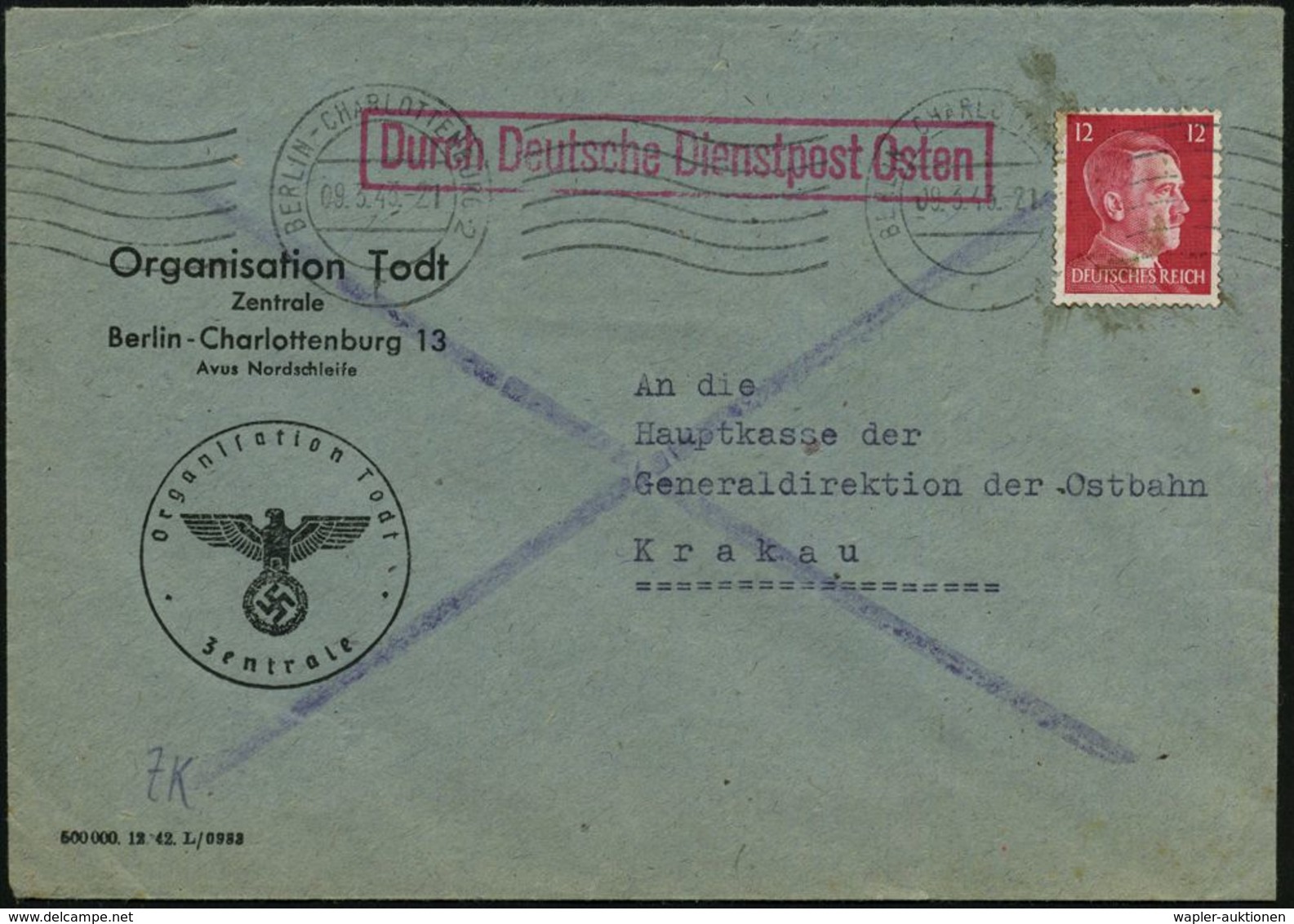BERLIN-CHARLOTTENBURG 2 1943 (9.3.) MaWellenSt. , EF 12 Pf. Hitler + Roter Ra.: Durch Deutsche Dienstpost Osten , Dienst - WO2