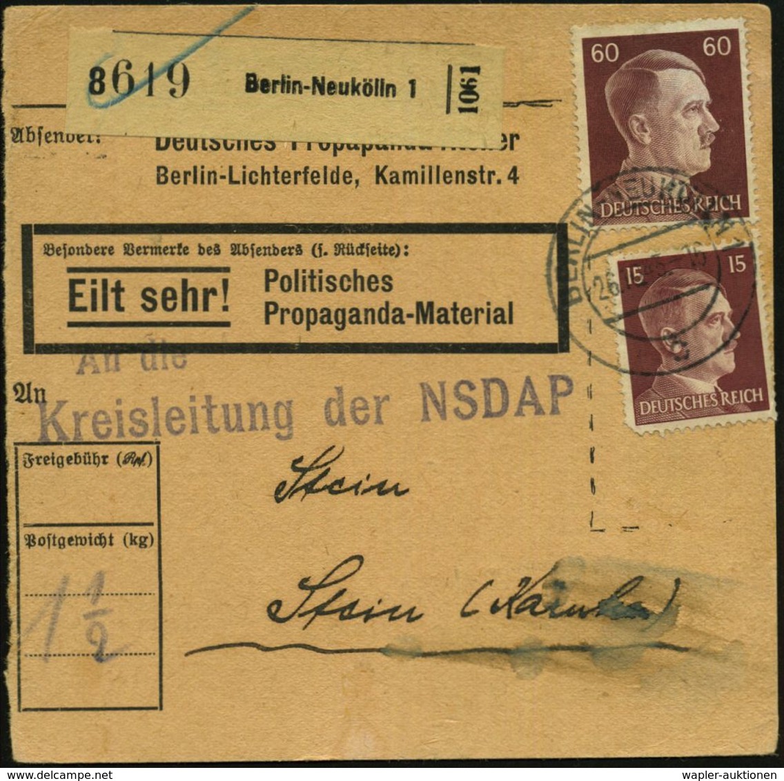 BERLIN-NEUKÖLLN 1/ C 1943 (26.10.) 2K-Steg Auf Hitler 15 Pf. (Eckzahnf.) U. 60 Pf., Schw. Paketzettel: Berlin-Neukölln 1 - WO2