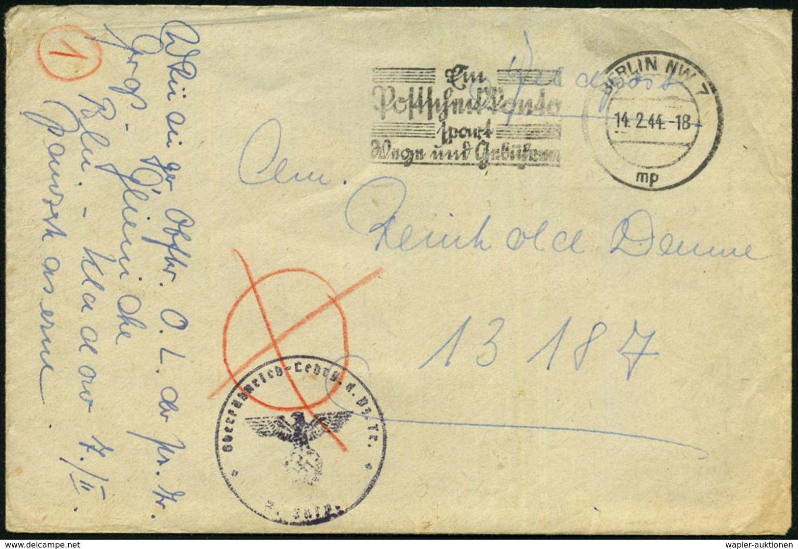 BERLIN NW 7/ Mp/ Ein/ Postscheckkonto/ Spart/ Wege U.Gebühren 1944 (14.2.) MWSt, Text Sütterlin + Viol. 1K-HdN: Oberfähn - WO2
