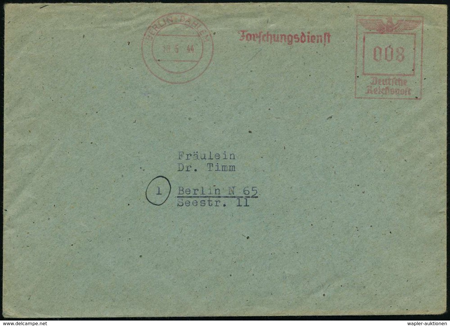 BERLIN-DAHLEM/ Forschungsdienst 1944 (18.5.) Seltener, Aptierter AFS + Inhalt: Briefbogen: Forschungsdienst (Reichs-arbe - WW2 (II Guerra Mundial)