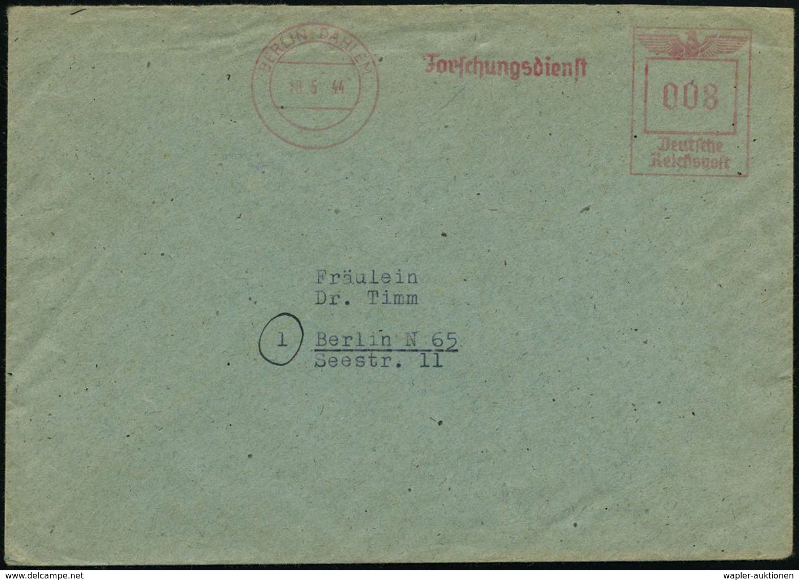 BERLIN-DAHLEM/ Forschungsdienst 1944 (18.5.) Seltener, Aptierter AFS + Inhalt: Briefbogen: Forschungsdienst (Reichs-arbe - Seconda Guerra Mondiale