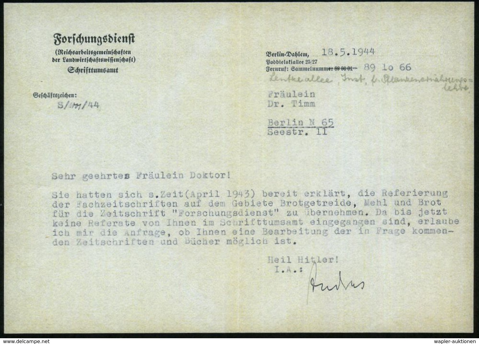 BERLIN-DAHLEM/ Forschungsdienst 1944 (18.5.) Seltener, Aptierter AFS + Inhalt: Briefbogen: Forschungsdienst (Reichs-arbe - WO2