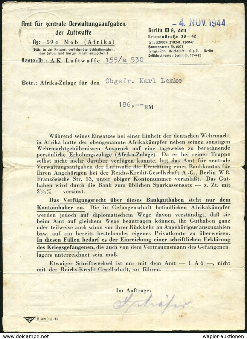 BERLIN SW 11 1944 (6.11.) Vordruck-Falt-Bf.: Amt Für Zentrale Verwaltungsaufgaben Der Luftwaffe (gefaltet) + Entspr. Vio - Seconda Guerra Mondiale