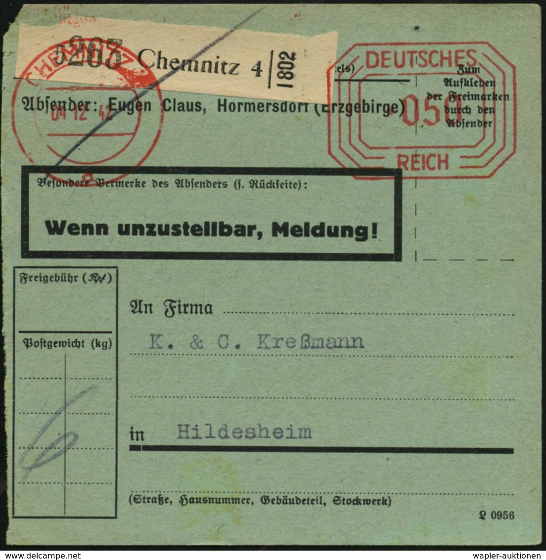 CHEMNITZ 4/ A/ DEUTSCHES/ REICH 1942 (4.12.) Seltener Achteck-Maschinen-Paket-FS Francotyp 050 Pf. Mit Raute + Schw. Pak - 2. Weltkrieg