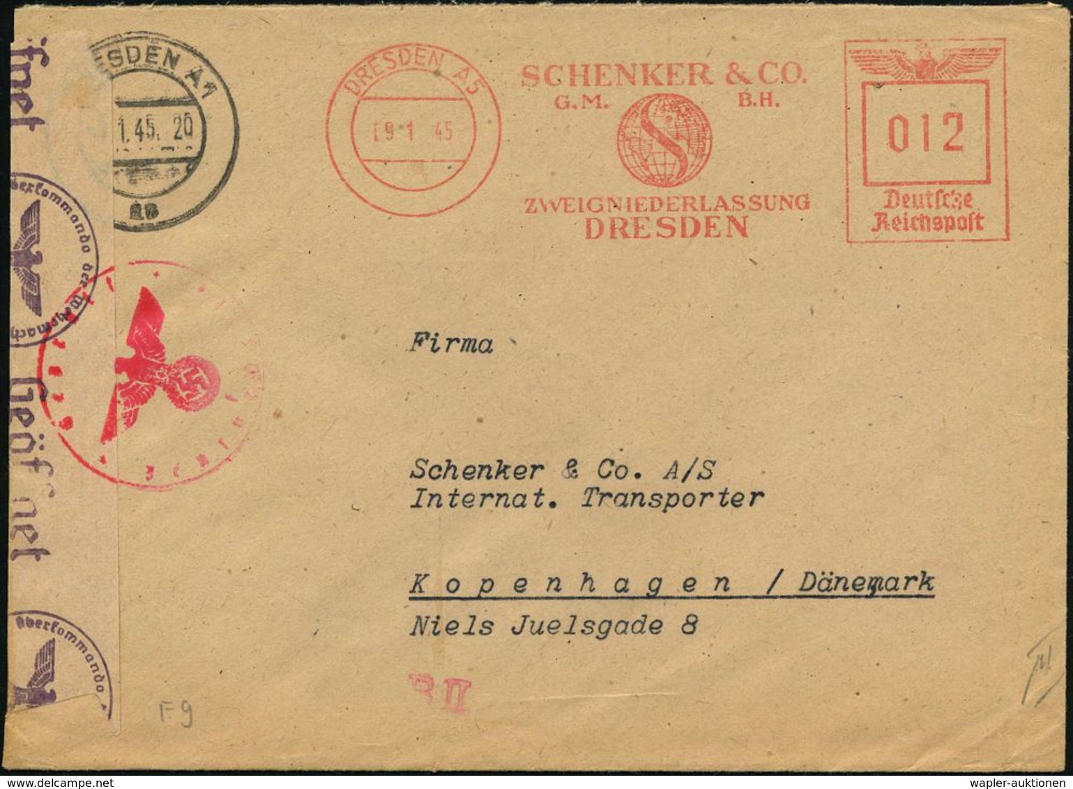 DRESDEN A5/ SCHENKER & CO 1945 (9.1.) AFS 012 Pf. + OKW-Zensur-Streifen "f" + 1K: Geprüft/Zensurstelle/f (= Hambg., Rie. - Guerre Mondiale (Seconde)