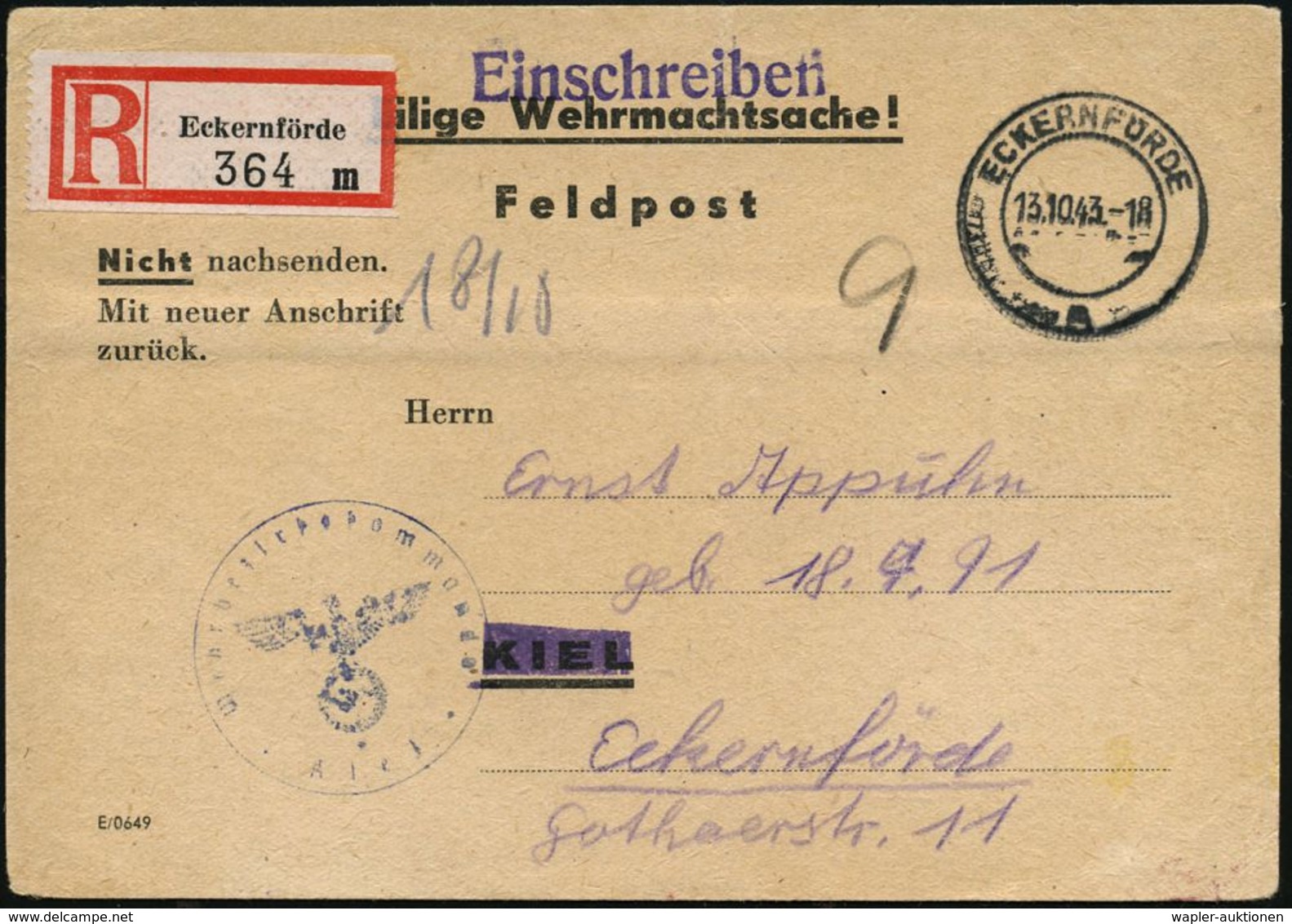 ECKERNFÖRDE 1943 (13.10.) 2K-Steg + RZ: Eckernförde Auf Vordr-Kt: Eilige Wehrmachtssache... = Musterung Eines Mannes Jah - Guerre Mondiale (Seconde)