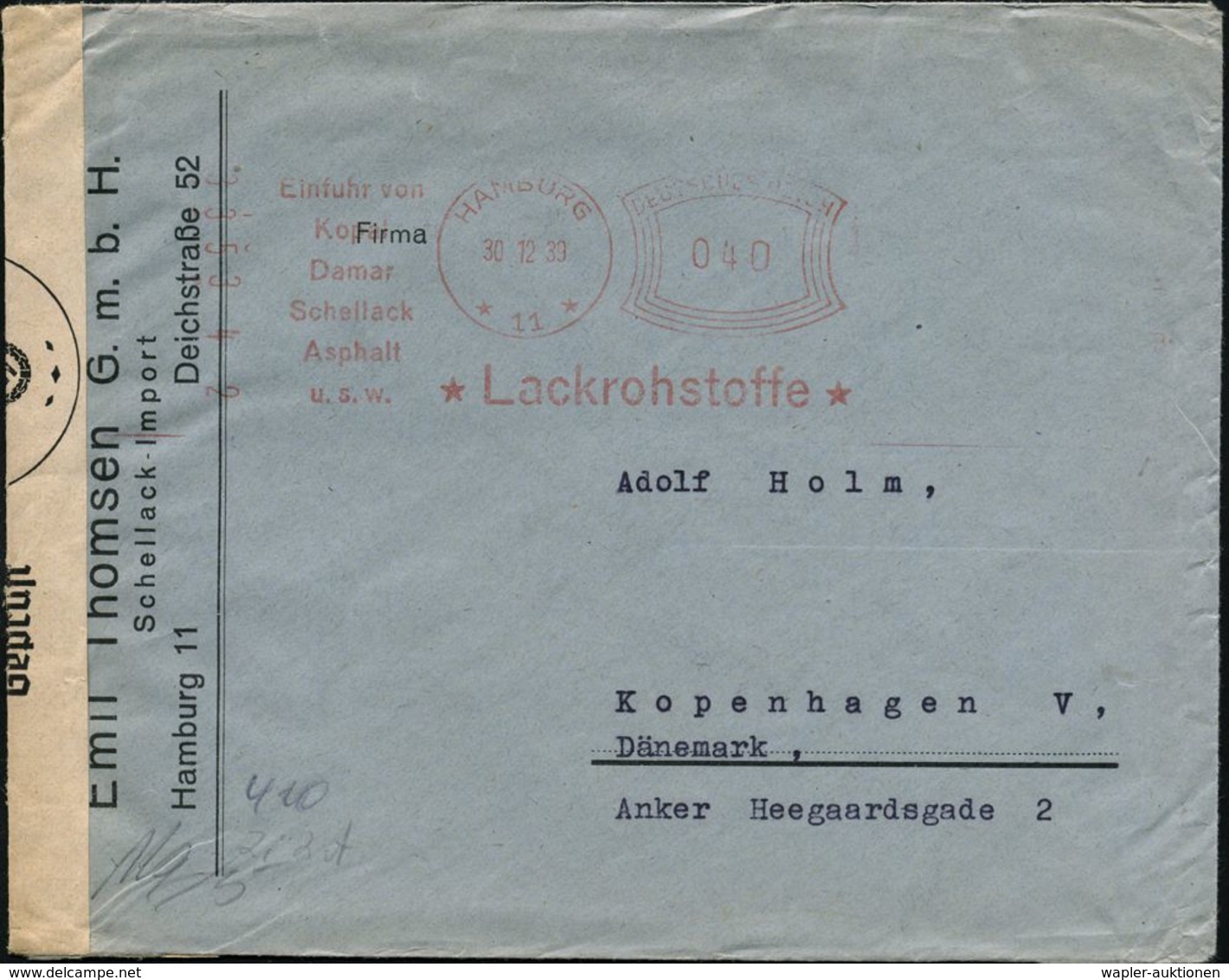 HAMBURG/ *11*/ Einfuhr V./ Kopal/ ..Schellack/ Asphalt/ *Lackrohstoff* 1939 (24.11.) Später AFS Komusina 025 Pf. Auf Fir - Seconda Guerra Mondiale