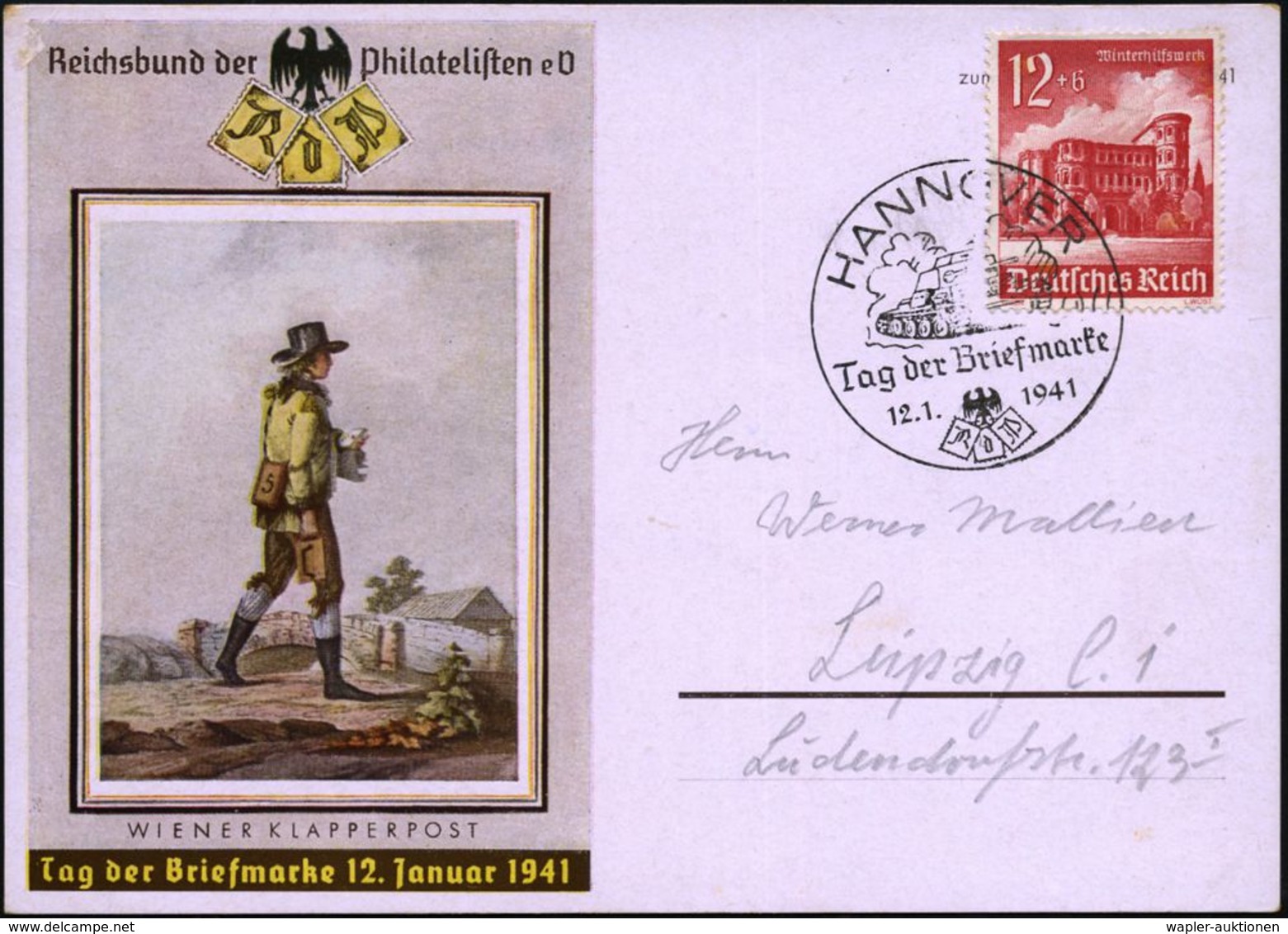 HANNOVER/ Tag Der Briefmarke 1941 (12.1.) SSt = Panzer II Auf Color-Sonder-Kt.: Tag D. Briefmarke (kl. Eckfehler) Inl.-K - WO2