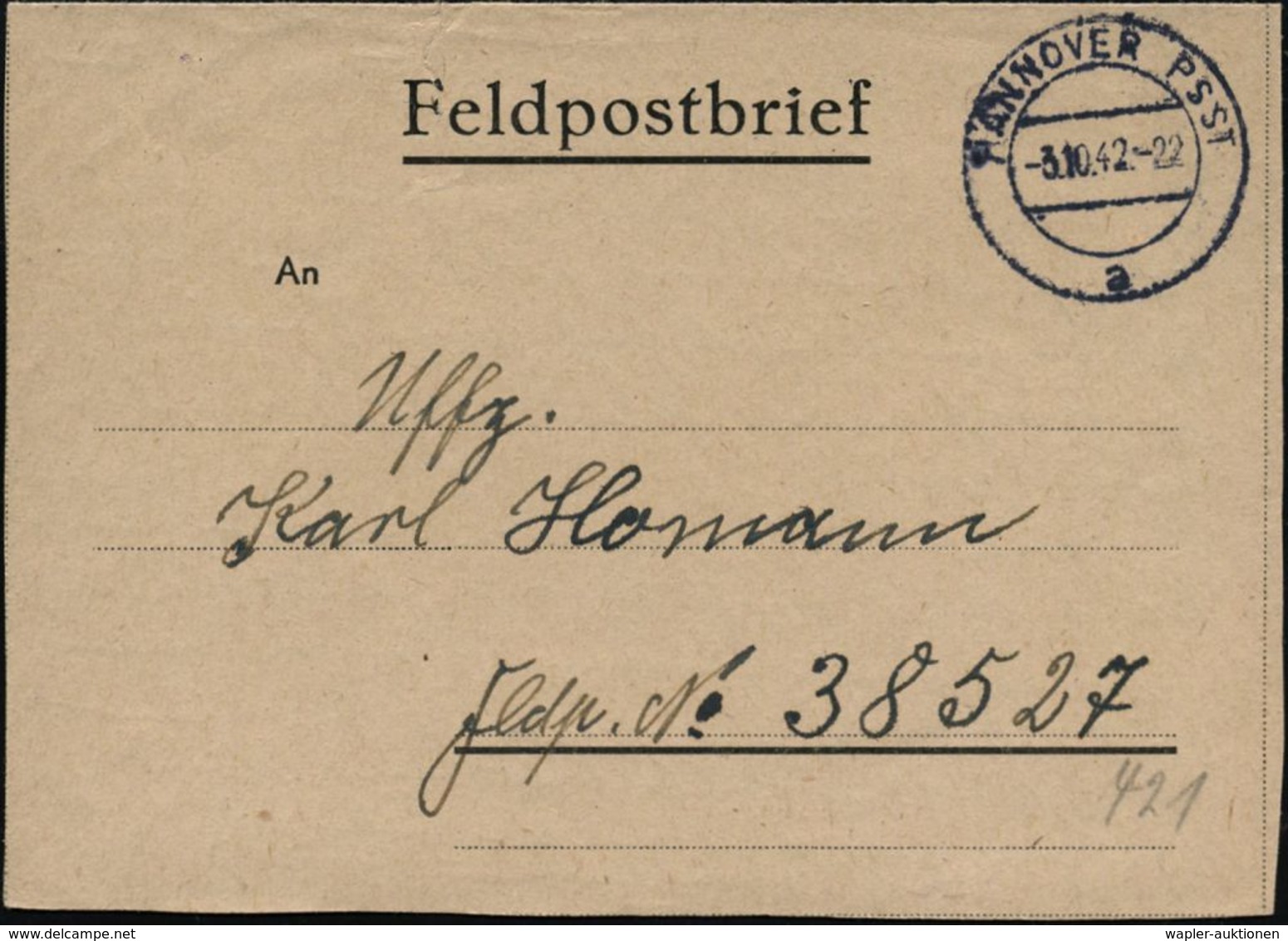 HANNOVER  P S S T / A 1942 (3.10.) Seltener 2K-Steg = Postsammelstelle (Mi.23 A + 50.- EUR) Feldpost-Faltbf. Mit Inhalt  - Guerre Mondiale (Seconde)