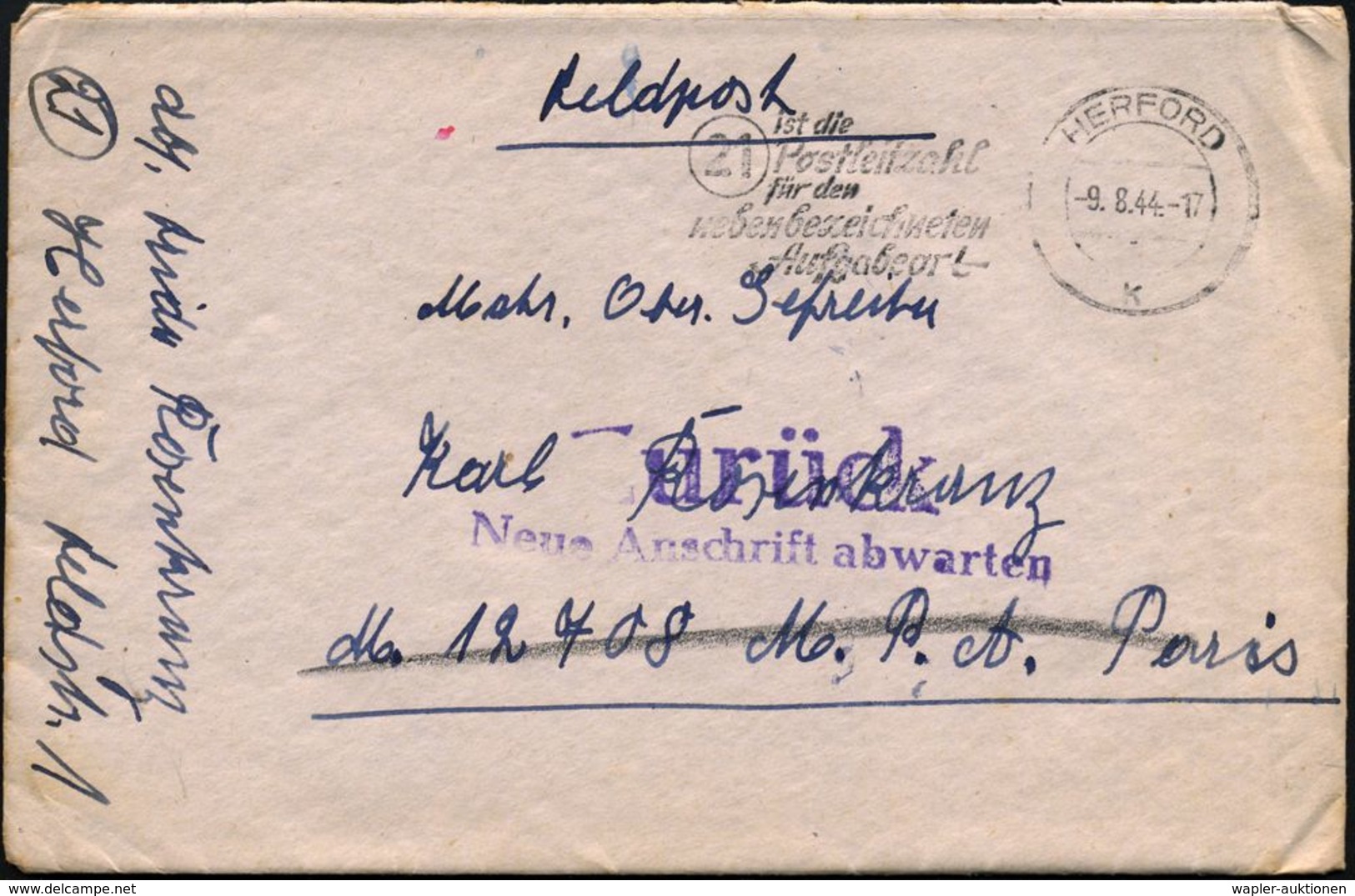 HERFORD/ K/ (21) Ist Die/ Postleitzahl.. 1944 (9.8.) Seltener MWSt (Bo.S 417 A) + Viol. 2L: Zurück/Neue Anschrift Abwart - Seconda Guerra Mondiale