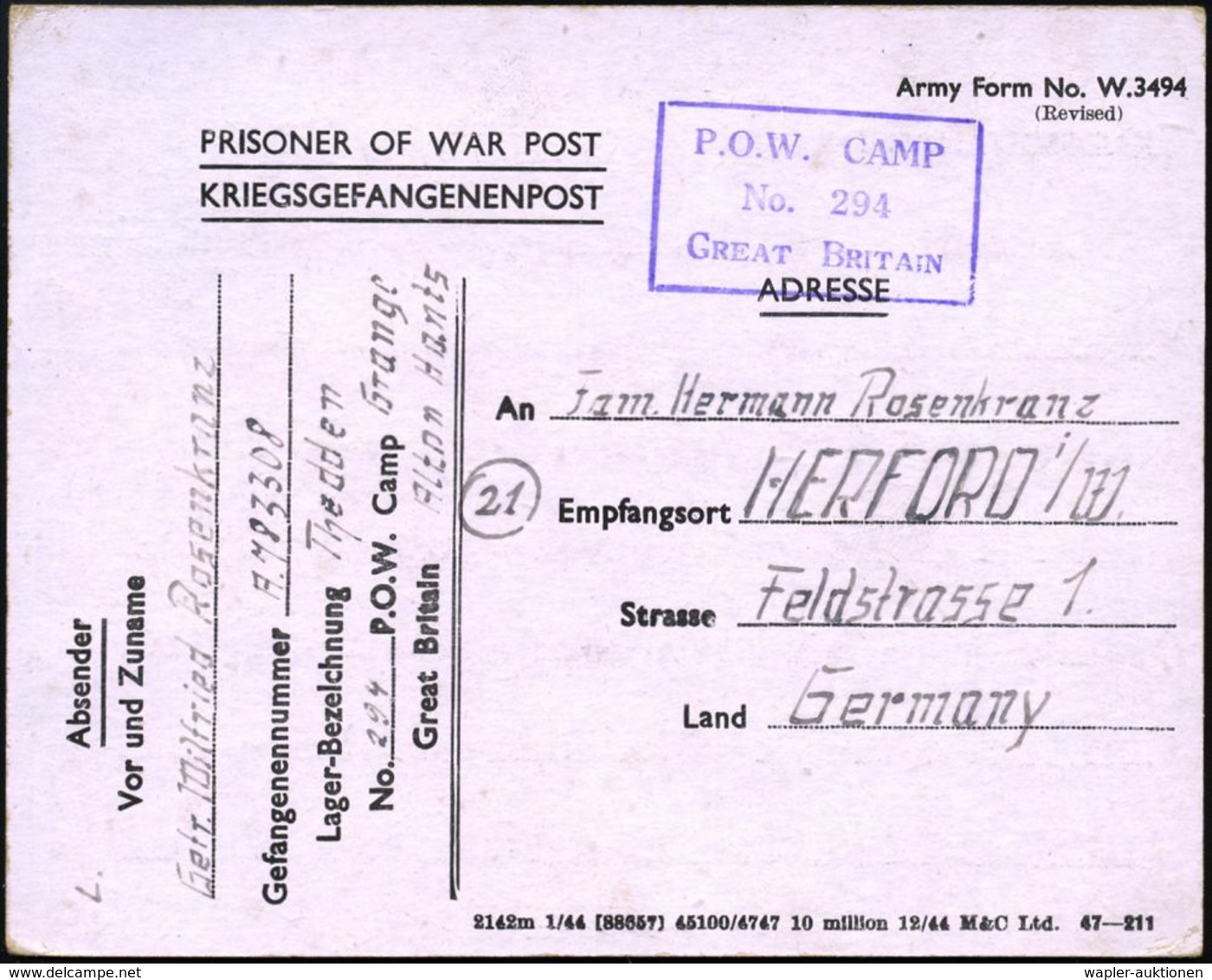 HERFORD/ K/ (21) Ist Die/ Postleitzahl.. 1944 (9.8.) Seltener MWSt (Bo.S 417 A) + Viol. 2L: Zurück/Neue Anschrift Abwart - Guerre Mondiale (Seconde)