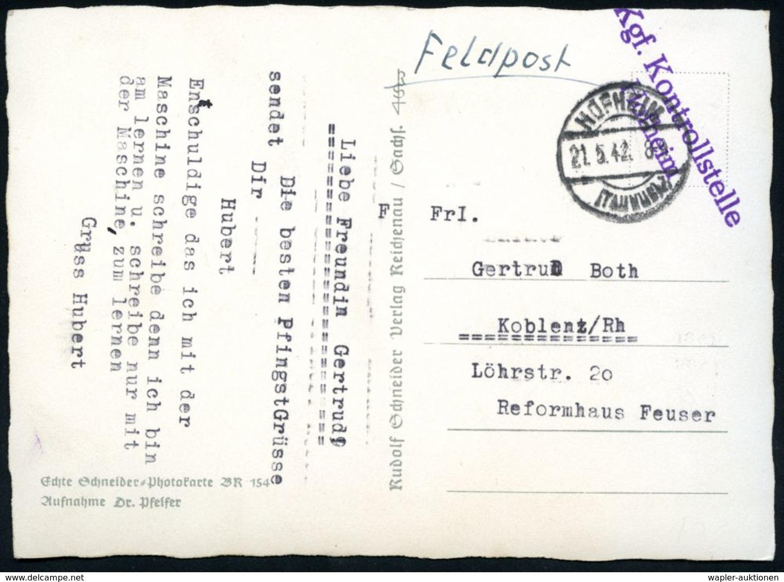 HOFHEIM/ (TAUNUS)/ B 1942 (21.5.) 1K-Brücke + Viol. 2L: Kgf. Kontrollstelle/ Hofheim (Kriegs-Gefange!) Klar Gest. Feldpo - Guerre Mondiale (Seconde)