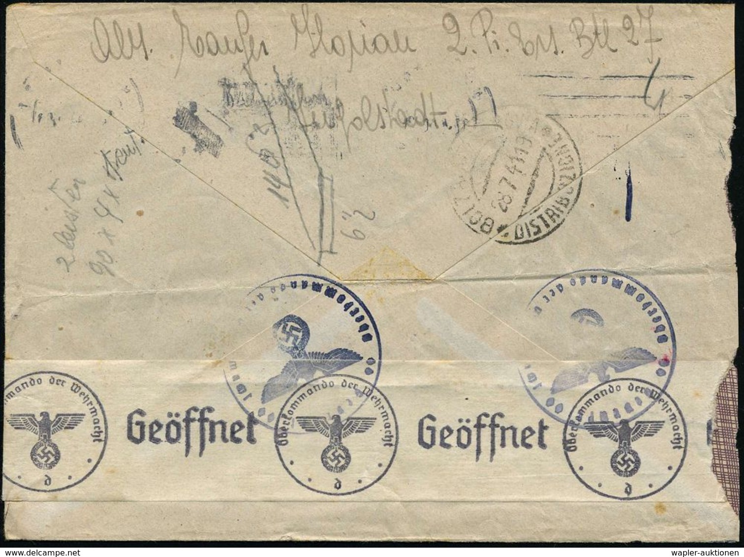 INGOLSTADT 1/ Postgut/ Ermäßigte/ Gebühr.. 1941 (17.7.) BdMWSt + 6 Waager. Striche (teils Etw. Undeutl.) + Viol. 1K-HdN: - WO2