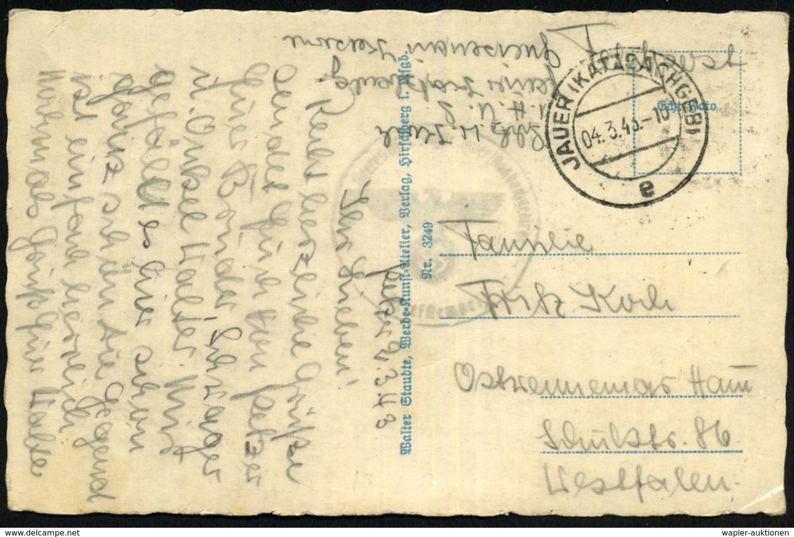 JAUER (KATZBACHGEB)/ E 1943 (4.3.) 2K-Steg + Viol. 1K-HdN: Erste Heeres Uffz. Schule Jauer/Katzbachgebirge (etw. Schwach - WO2