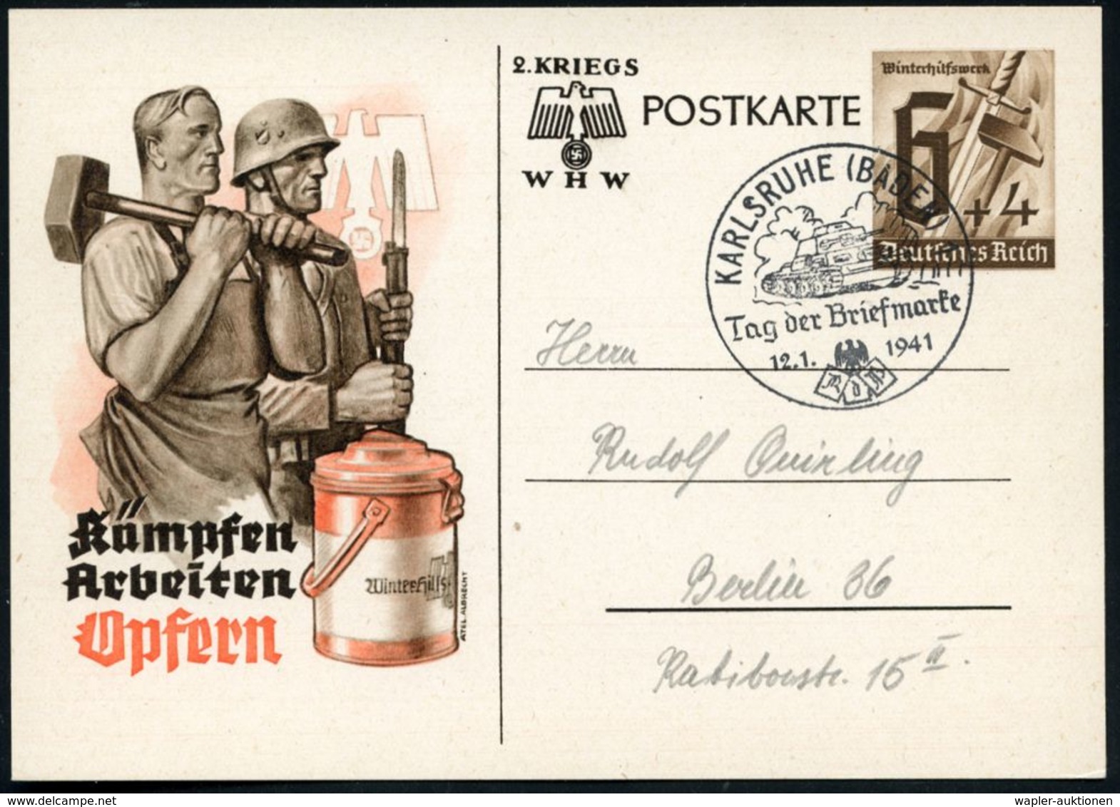 KARLSRUHE (BADEN) 1/ Tag D.Briefmarke 1941 (12.1.) SSt = Panzer II Auf Sonder-P 6 Pf. + 4 Pf. WHW (Soldat, Arbeiter Etc. - Seconda Guerra Mondiale