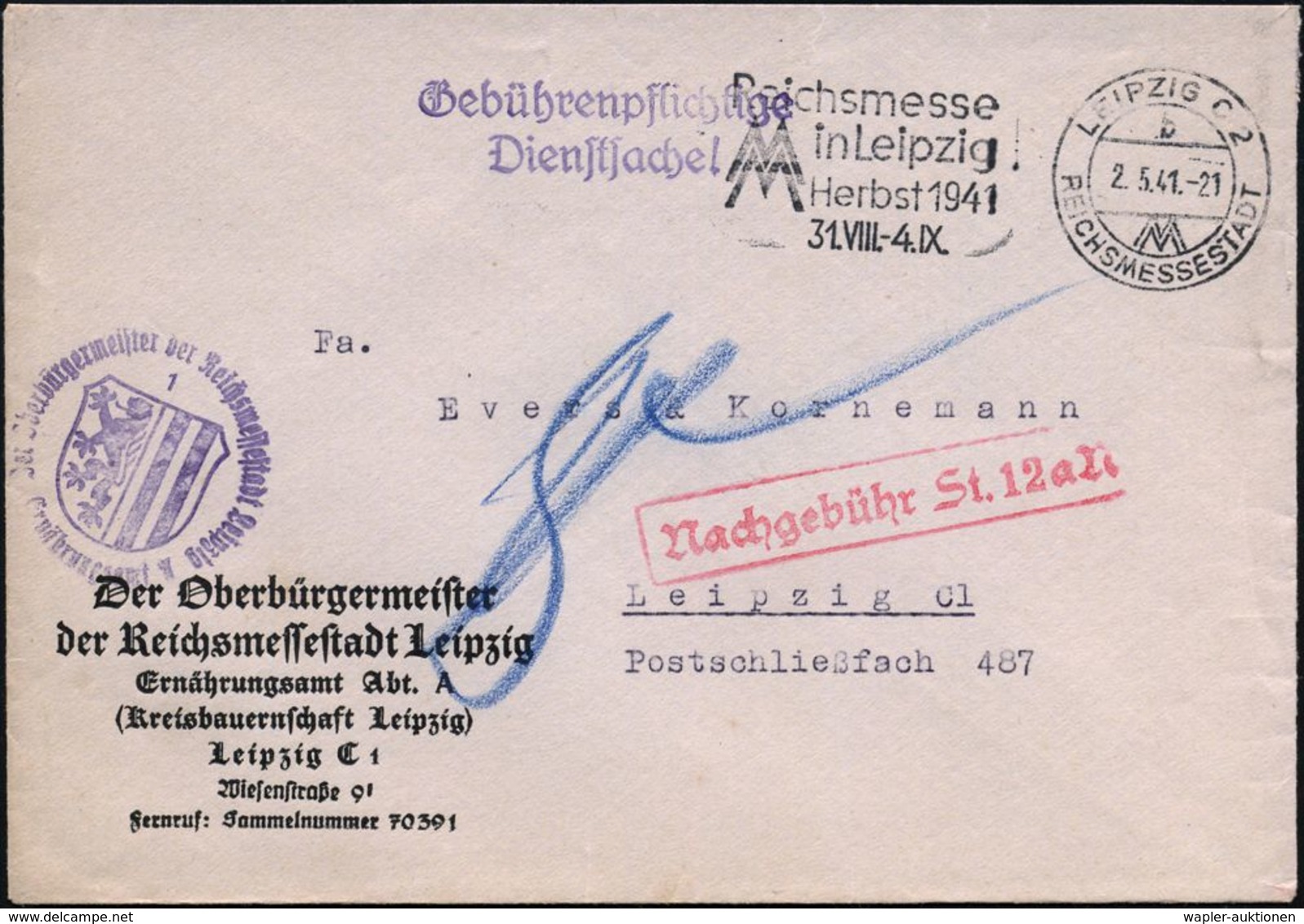 LEIPZIG C 2/ B/ MM/ REICHSMESSESTADT/ MM/ FRÜHJAHRS/ MESSE.. 1941 (14.1.) MWSt + Viol. 2L: Portopflichtige/ Dienstsache  - Seconda Guerra Mondiale