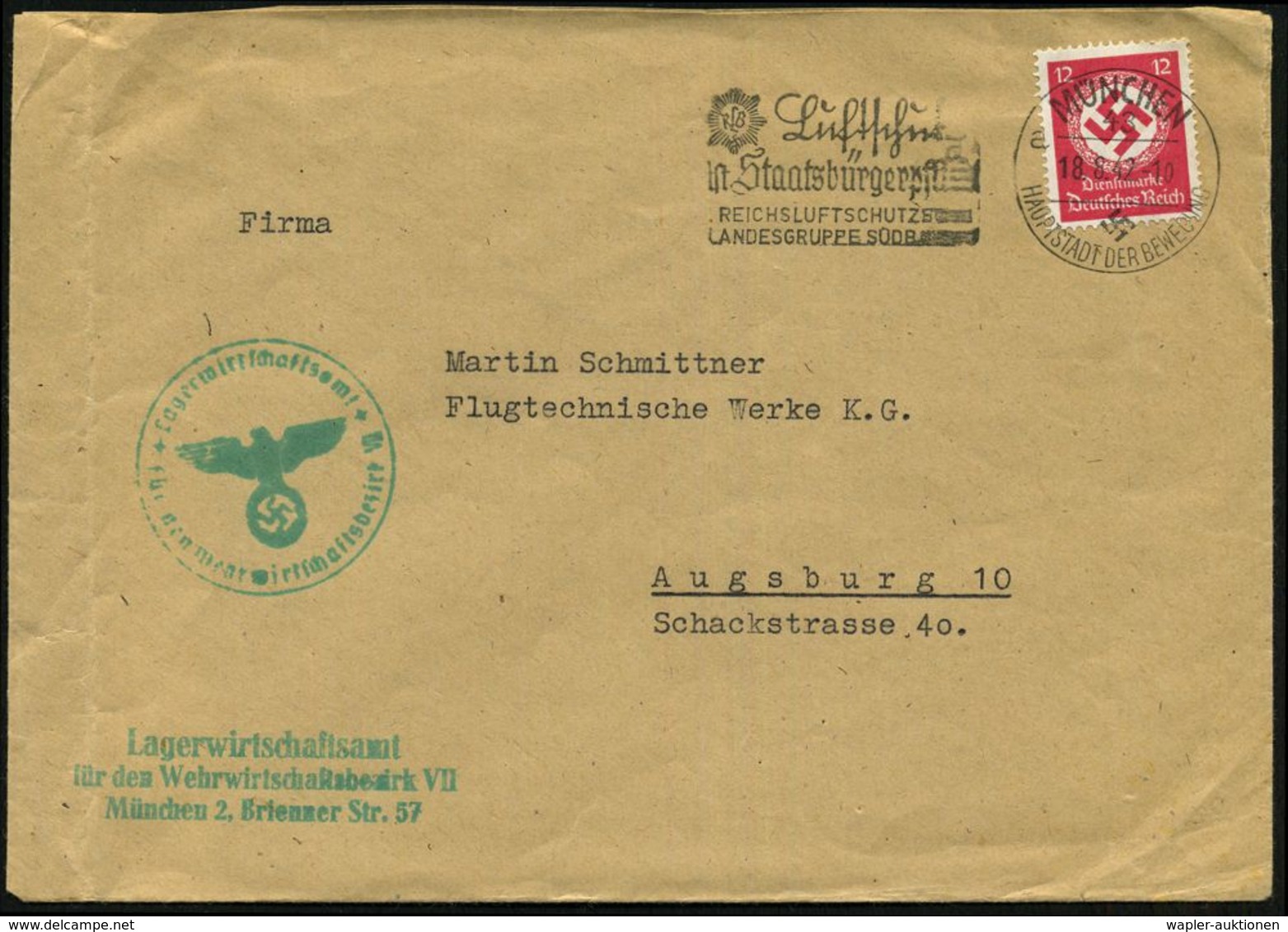 MÜNCHEN/ 43/ A/ HDB/ RLB/ Luftschutz/ Ist Staatsbürgerpflicht... 1942 (18.8.) MWSt, Teils Sütterlin (RLR-Logo) + Grüner  - WO2