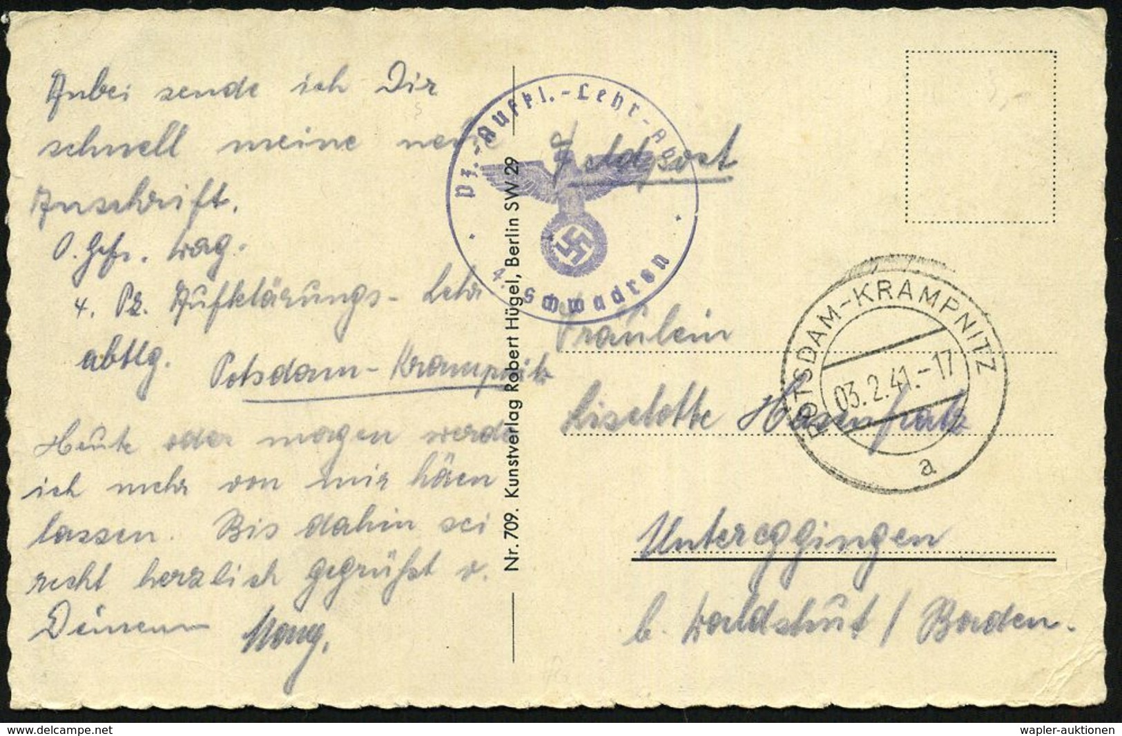 POTSDAM-KRAMPNITZ/ A 1941 (3.2.) 2K-Steg + Viol. 1K-HdN: P(an)z.(er)-Aukl.(ärungs)-Lehr-Abt./ 4. Schwadron + Hs. Abs., K - Guerre Mondiale (Seconde)