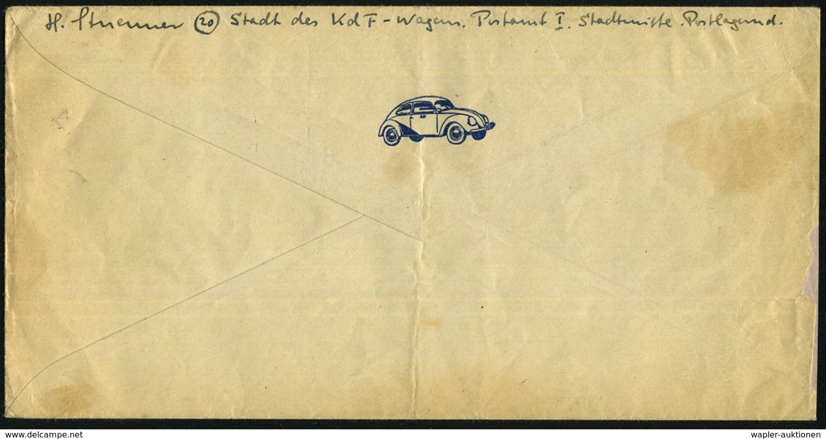 STADT DES KDF.-WAGEN/ BEI/ FALLERSLEEN/ G 1944 (17.8.) HWSt , Rs. Hs. Abs. (kl. Randmäng.) Rs. Vordruck: Blauer VW-Käfer - WO2