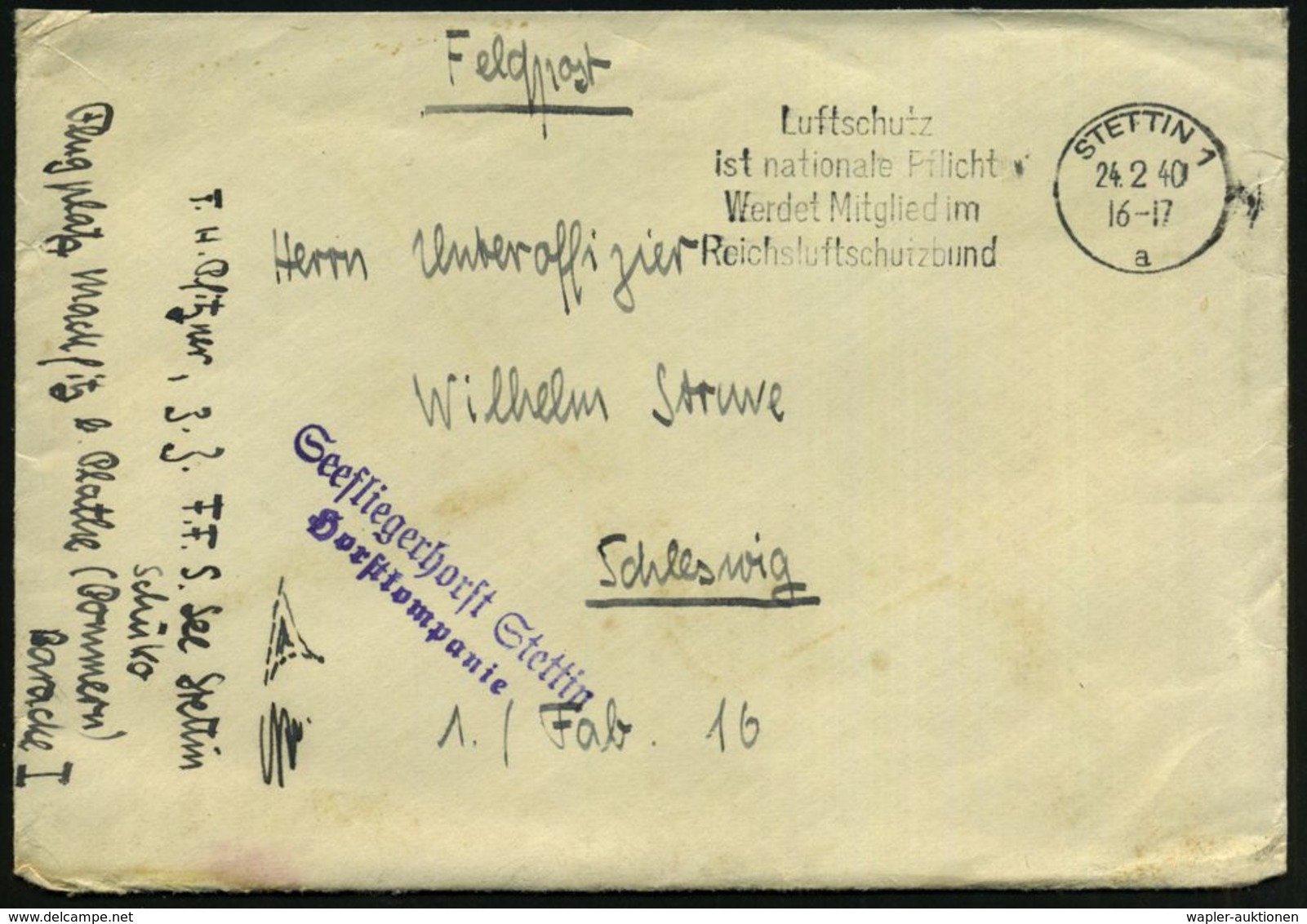 STETTIN 1/ A/ Luftschutz/ Ist Nationale Pflicht.. 1940 (24.2.) MWSt + Viol. 2L: Seefliegerhorst Stettin/ Horstkompanie + - Seconda Guerra Mondiale