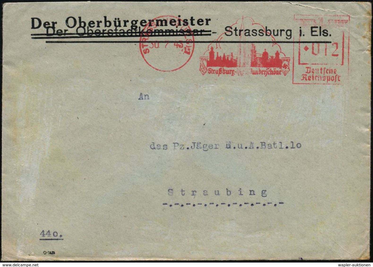 STRASSBURG (ELS)/ Straßburg Die Wunderschöne 1943 (30.7.) AFS 012 Pf. = Ortssilhouette Mit Münster (u. Stadt- U. Hakenkr - 2. Weltkrieg