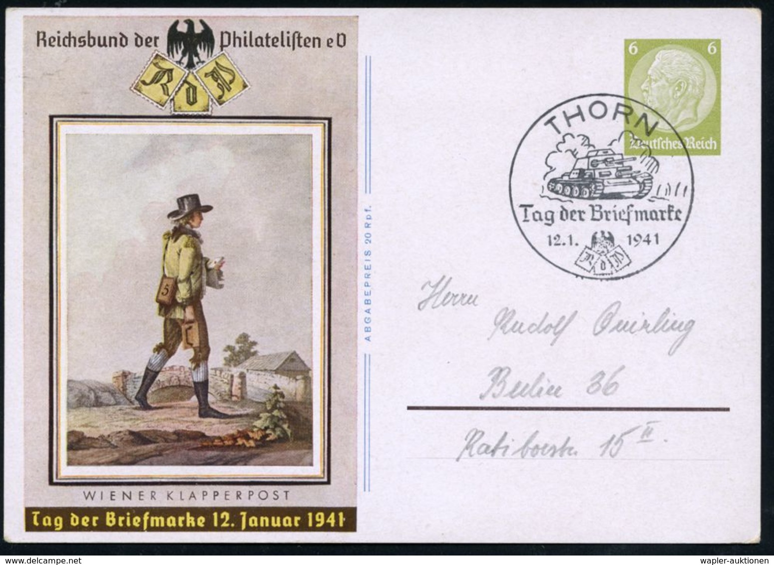 THORN/ Tag Der Briefmarke 1941 (12.1.) SSt = Panzer II Auf Sonder-P 6 Pf. Hindenbg., Oliv: Tag Der Briefmarke (Mi.P 289) - Guerre Mondiale (Seconde)