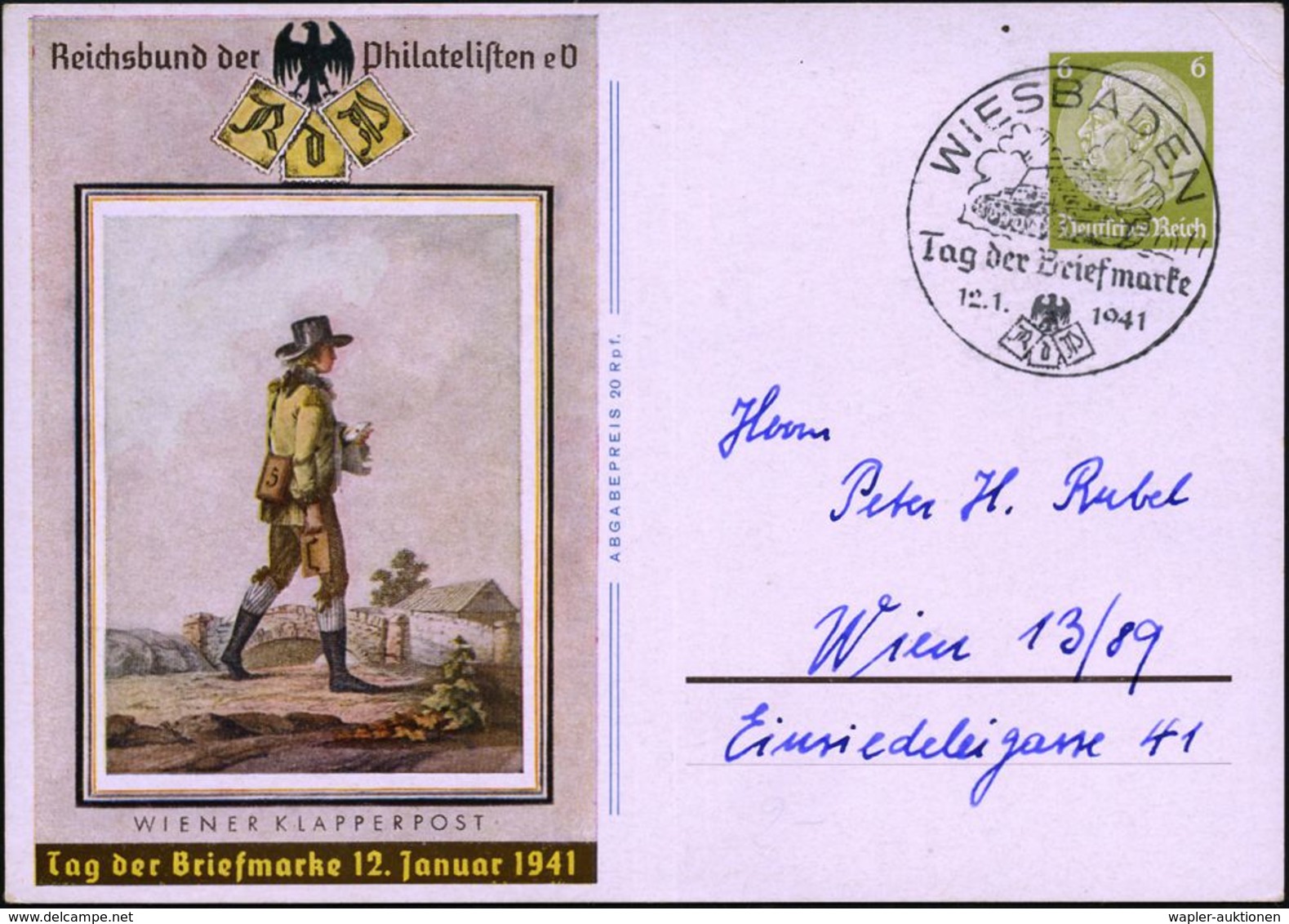 WIESBADEN/ Tag Der Briefmarke 1941 (12.1.) SSt = Panzer II Klar Auf Sonder-P 6 Pf. Hindenbg., Oliv: Tag D. Briefmarke (M - Guerre Mondiale (Seconde)