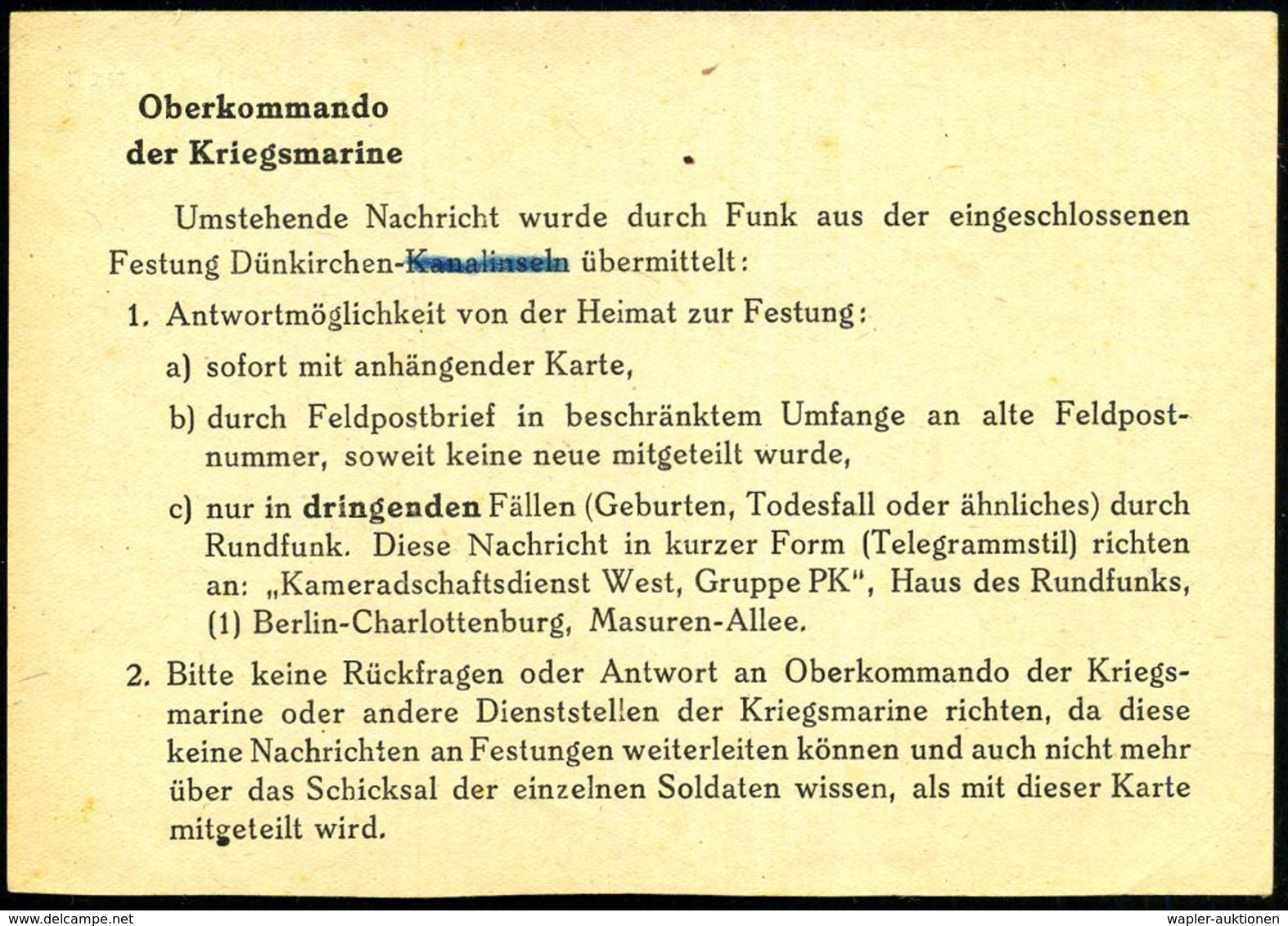 WILHELMSHAVEN 1/ P 1944 (13.12.) 2K-Steg + Roter Ra.: Kommando Marinenachrichtenabteilung Nord Auf Funk-Nachrichten-Kart - Seconda Guerra Mondiale