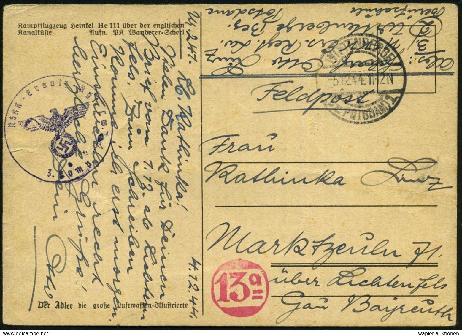 WITTENBERG/ (Bz.POTSDAM) 1 1944 (5.12.) 1K-Brücke + Viol. 1K-HdN: N S K K - Ersatz-Rgt. L(uft)w.(affe)/ 3. Komp. + Hs. A - Guerre Mondiale (Seconde)