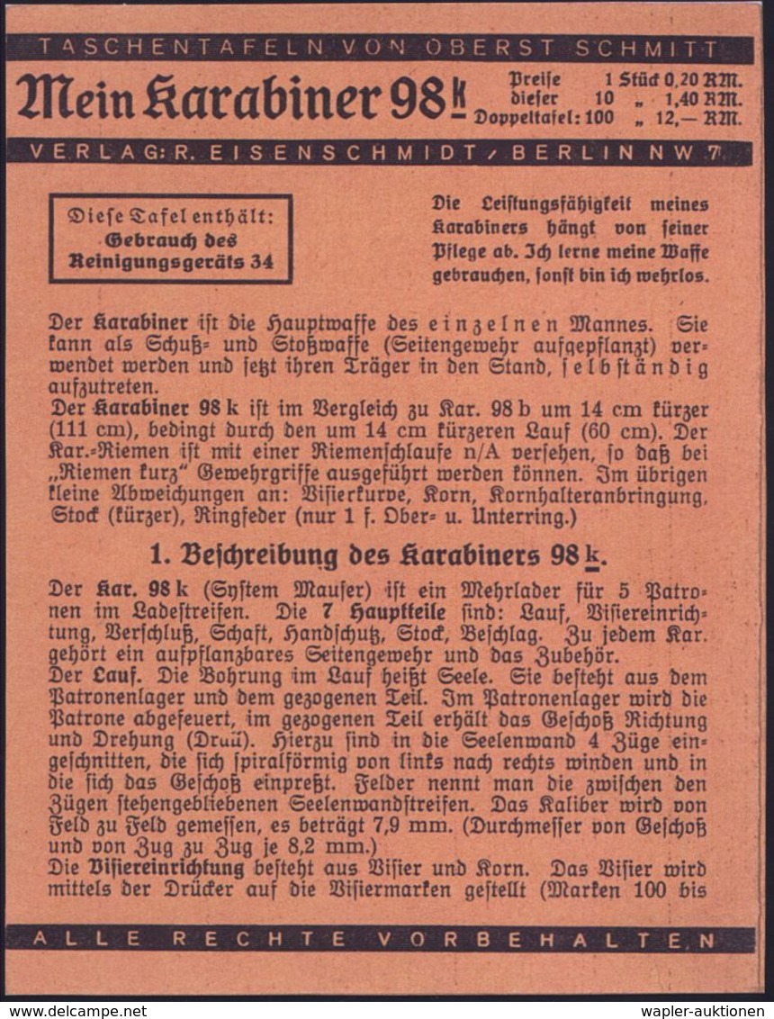 DEUTSCHES REICH 1939 (ca.) Klapp-Faltkarton: "Mein Karabiner 98k"  Mit Reinigungs-Anweisung (8 Seiten) Mehrere Detail-Ab - Seconda Guerra Mondiale