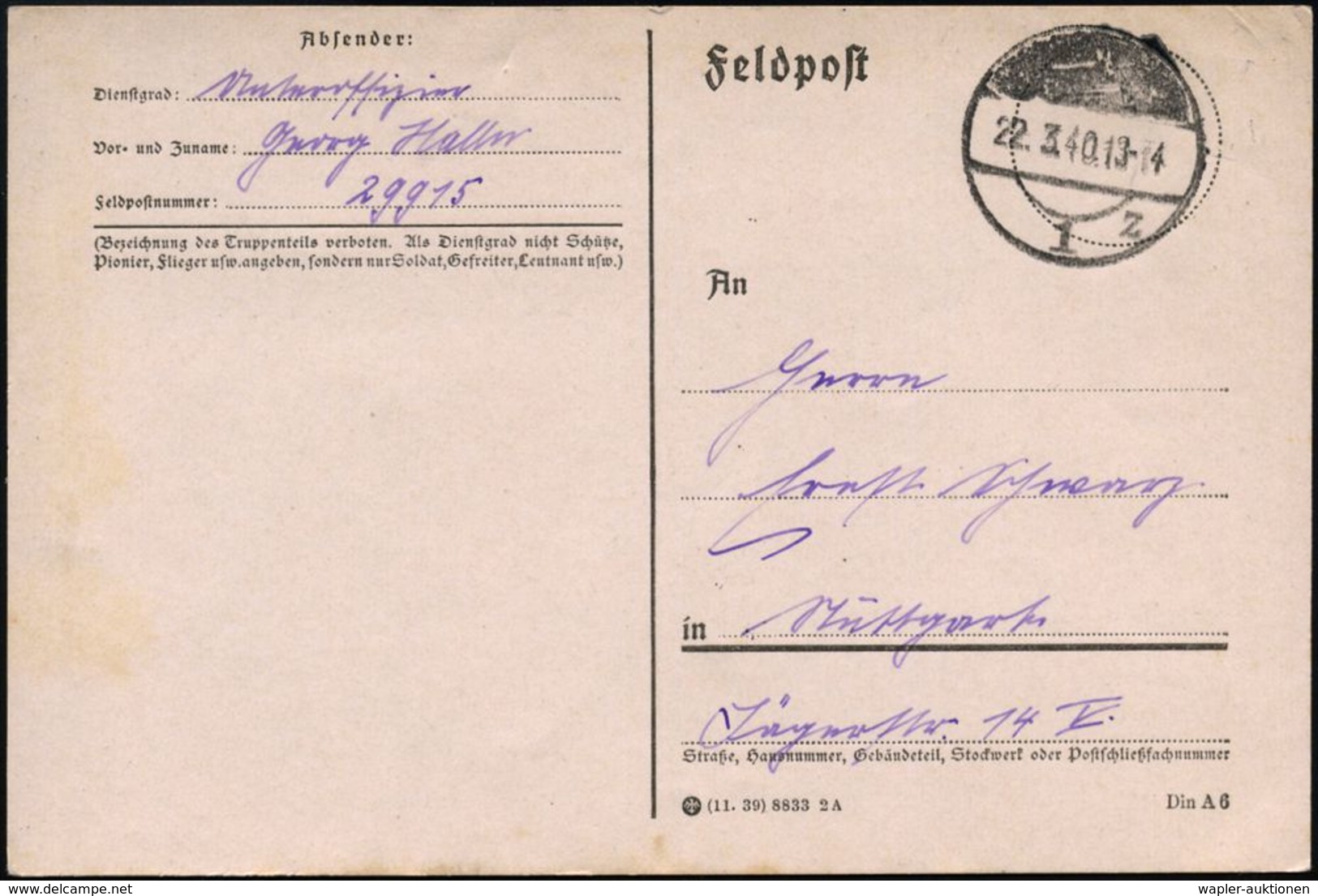 DEUTSCHES REICH 1940 (22.3.) Teilgeschwärzter, Aptierte 1K-Brücke = Tarnstempel! (Mi.Typ 19) + Hs. Abs. Fp.Nr. 29915 = 1 - Guerre Mondiale (Seconde)