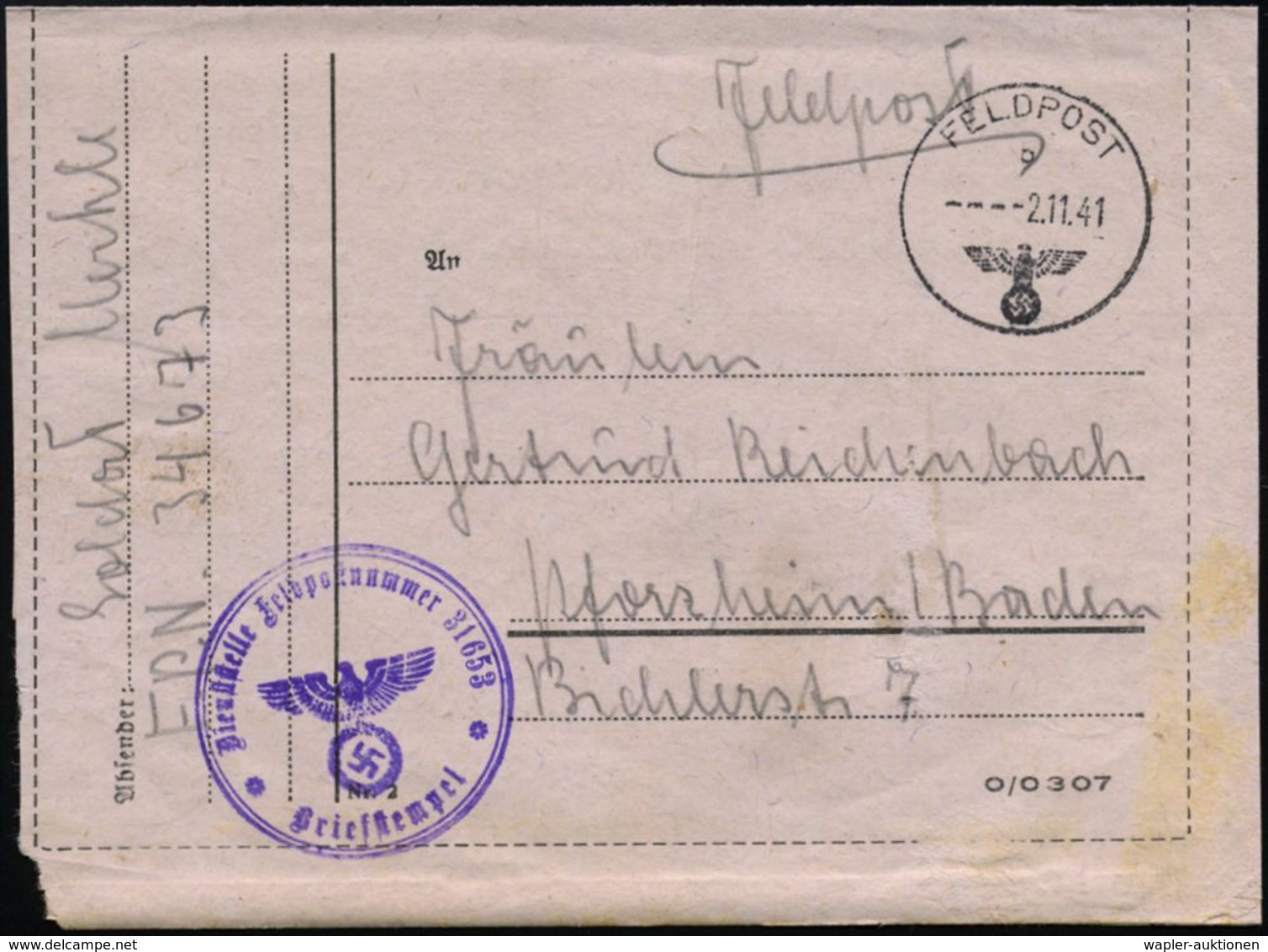 DEUTSCHES REICH 1941 (2.11.) 1K: FELDPOST/b/--- + Viol. 2-HdN: Fp. Nr. 31 653 = Feldeisenbahn-Betr. Amt 12 + Hs. Fp.-Nr. - Guerre Mondiale (Seconde)