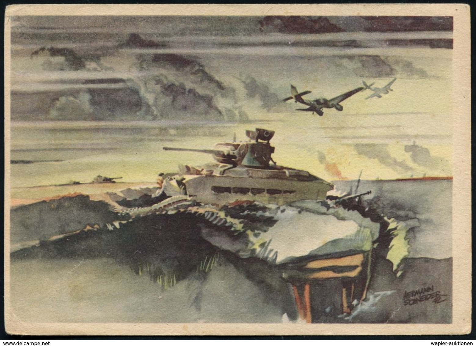 DEUTSCHES REICH 1942 (ca.) Color-Künstler-Propaganda-Ak.: Mark II ("Matilda") Vor Panewo U. 2 Ju 87 (sign. Herm. Schneid - Seconda Guerra Mondiale