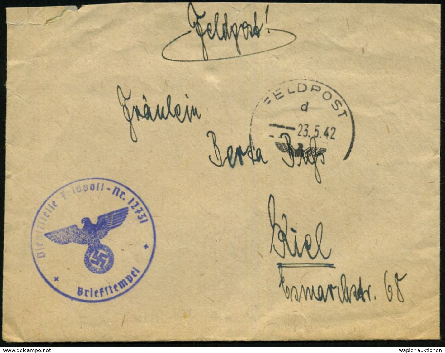 DEUTSCHES REICH 1942 (23.5.) 1K: FELDPOST/d/--- + Viol. 1K-HdN: Feldpost-Nr. 12731 = Funk-Leitstrahlstelle Zug 10, Deuts - Seconda Guerra Mondiale