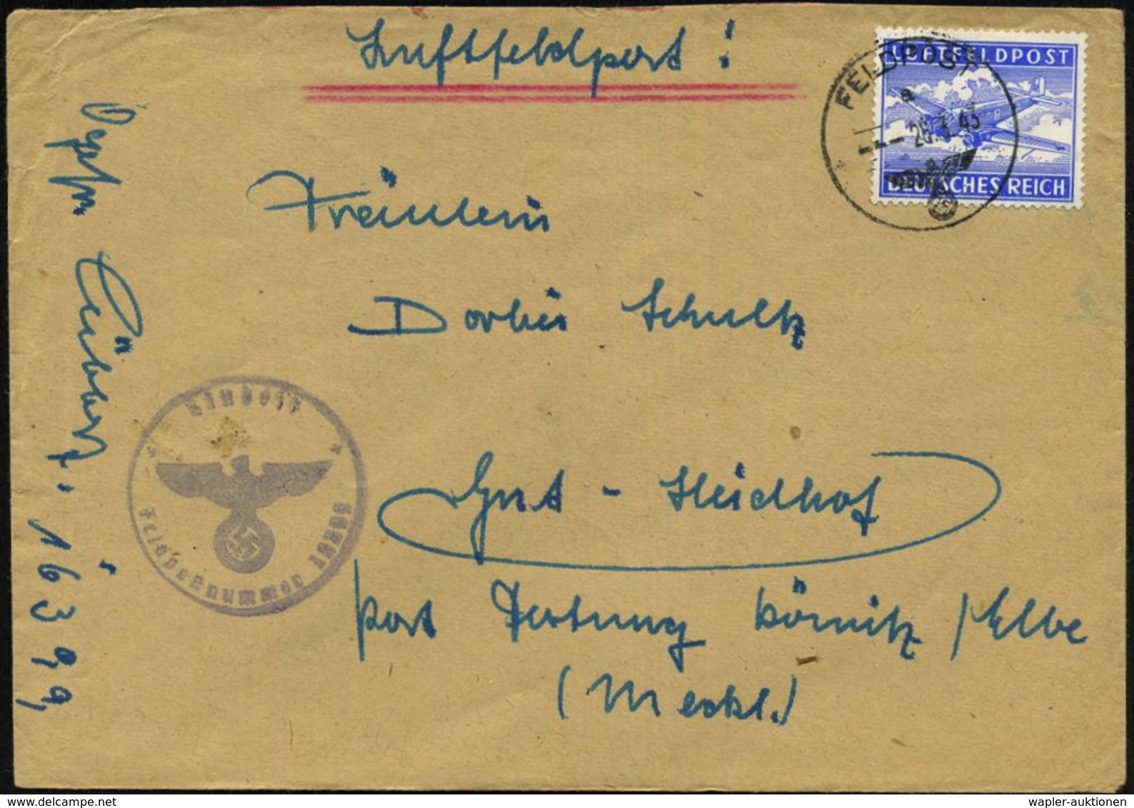 DEUTSCHES REICH 1943 (26.3.) 1K: FELDPOST/a/--- Auf EF Luftfeldpostmarke, Gez. (Ju 52) + Viol. 1K-HdN: Feldpostnr. 16 39 - Guerre Mondiale (Seconde)