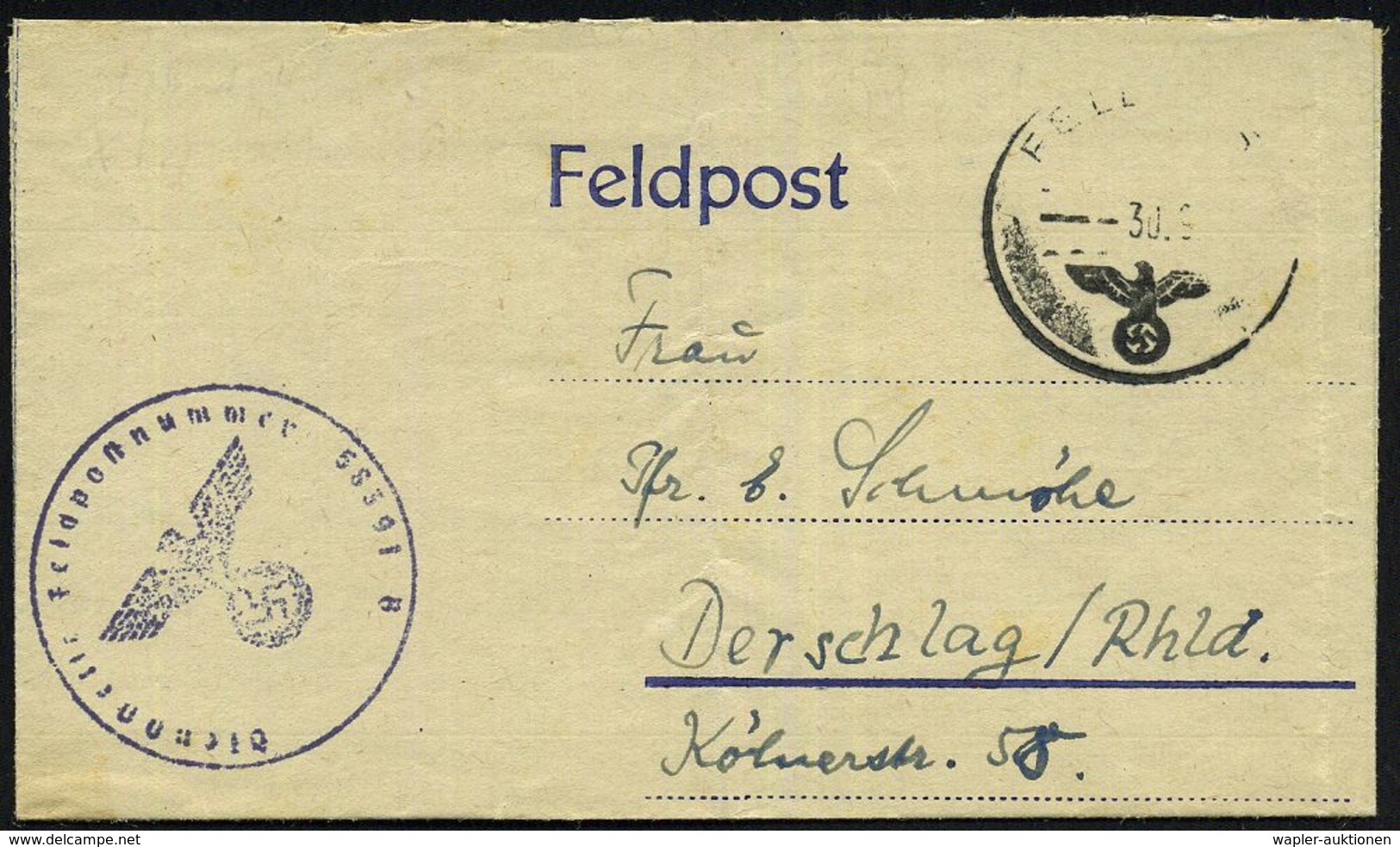 DEUTSCHES REICH 1943 (30.9.) 1K: FELDPOST (oben Undeutl.) + Viol. 1K-HdN: Feldpostnr. 58391 = XI. Festungs-Btl. 999 =  S - Guerre Mondiale (Seconde)