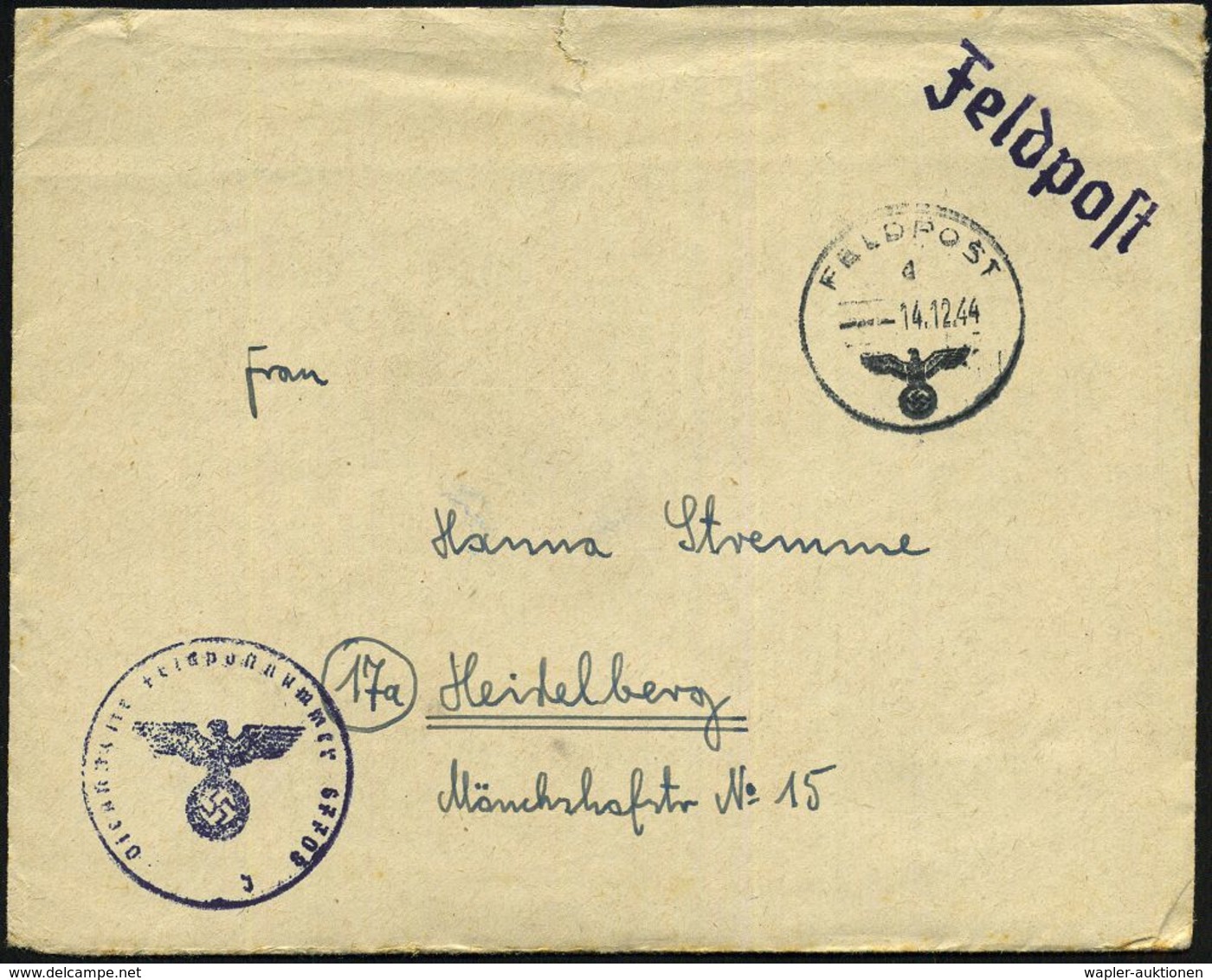 DEUTSCHES REICH 1944 (14.12./22.12.) 1K: FELDPOST/d/--- Bzw. FELDPOST/g/--- + Viol. 1K-HdN: Feldpostnr. 67 708 + Rs. Vio - Seconda Guerra Mondiale