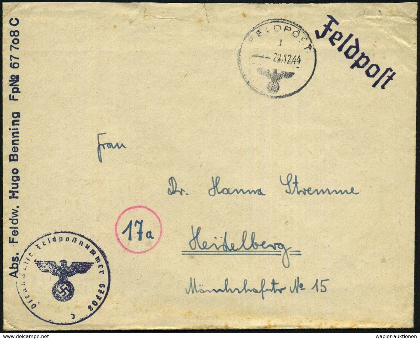 DEUTSCHES REICH 1944 (14.12./22.12.) 1K: FELDPOST/d/--- Bzw. FELDPOST/g/--- + Viol. 1K-HdN: Feldpostnr. 67 708 + Rs. Vio - 2. Weltkrieg