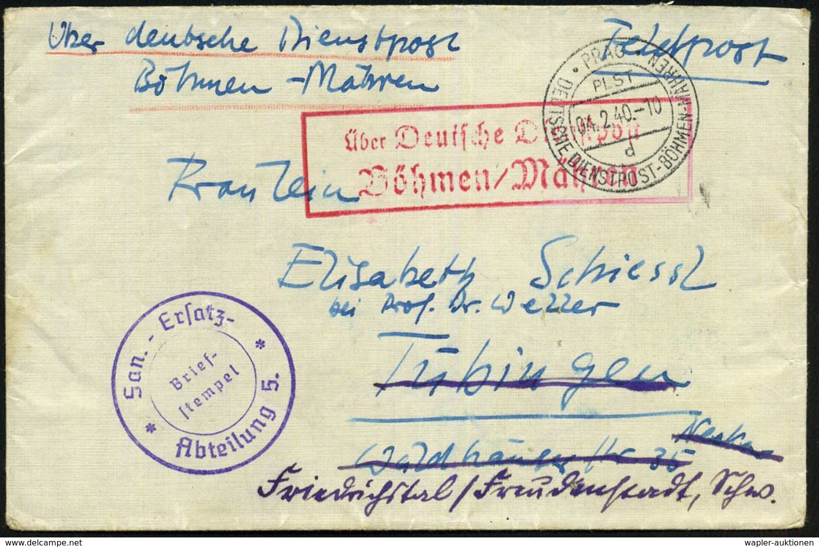 BÖHMEN & MÄHREN 1940 (4.2.) 2K-Steg: PRAG/PLST/d/DDP-BÖHMEN-MÄHREN + Roter Ra.: Über Deutsche Dienstpost/ Böhmen-Mähren  - 2. Weltkrieg