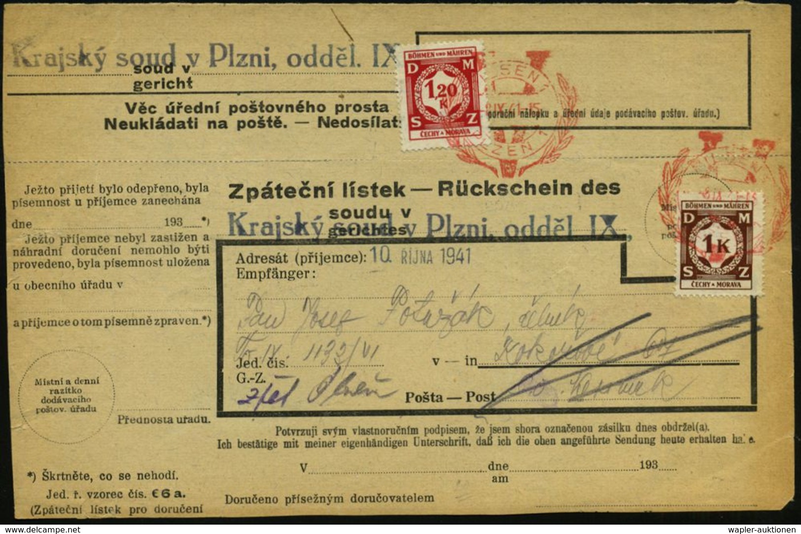 BÖHMEN & MÄHREN 1941 (8.9.) Roter "V"-(iktoria)-SSt 2x Auf Dienst 1 K. U. 1,20 K. Auf Frankiertem Rückschein Gerichts-ZU - 2. Weltkrieg