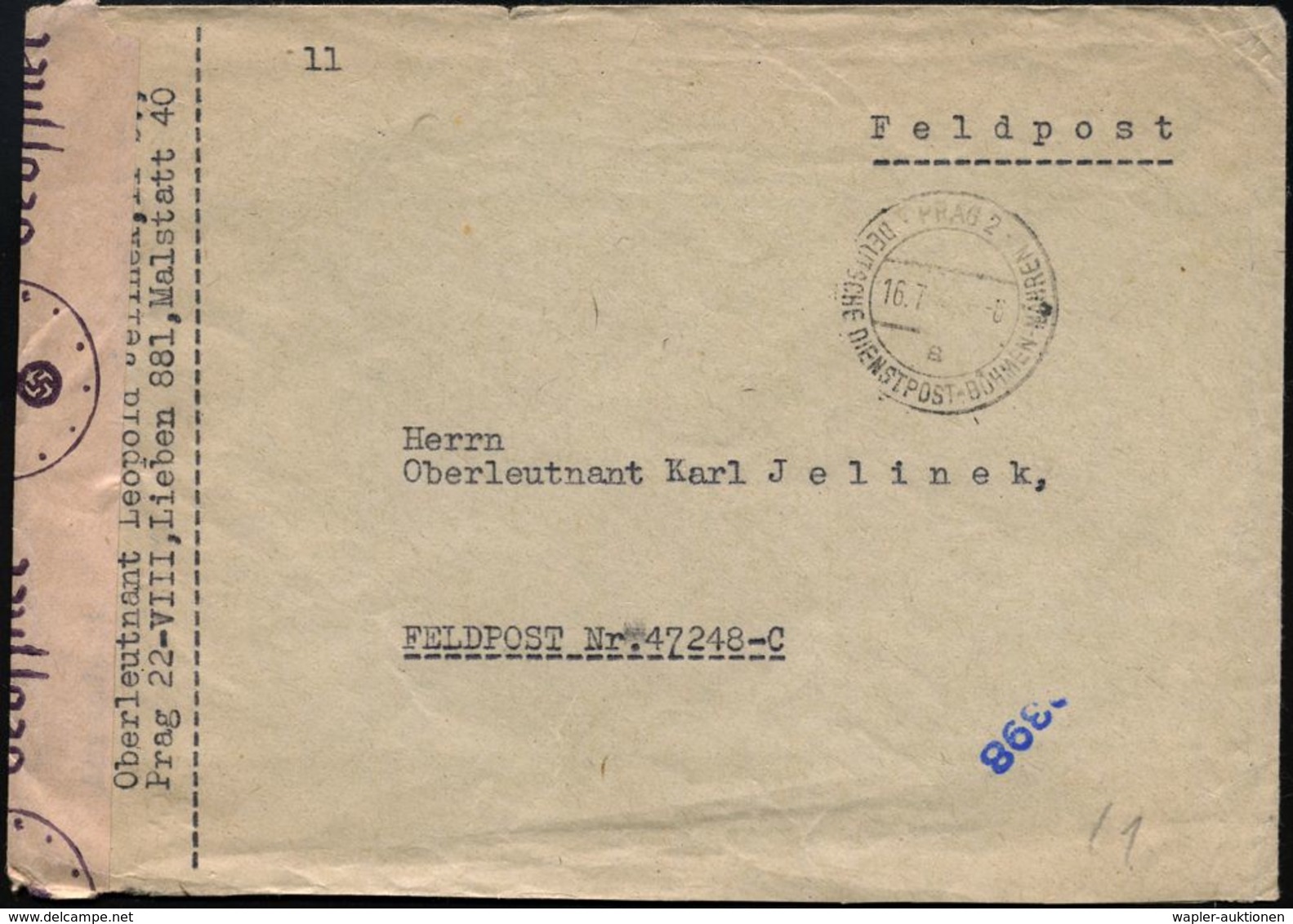 BÖHMEN & MÄHREN 1944 (16.7.) 2K-Steg: PRAG 2/a/DT.DIENSTPOST-BÖHMEN-MÄREN + Zensurstreifen: Geöffnet/ Feldpost-prüfstell - WO2