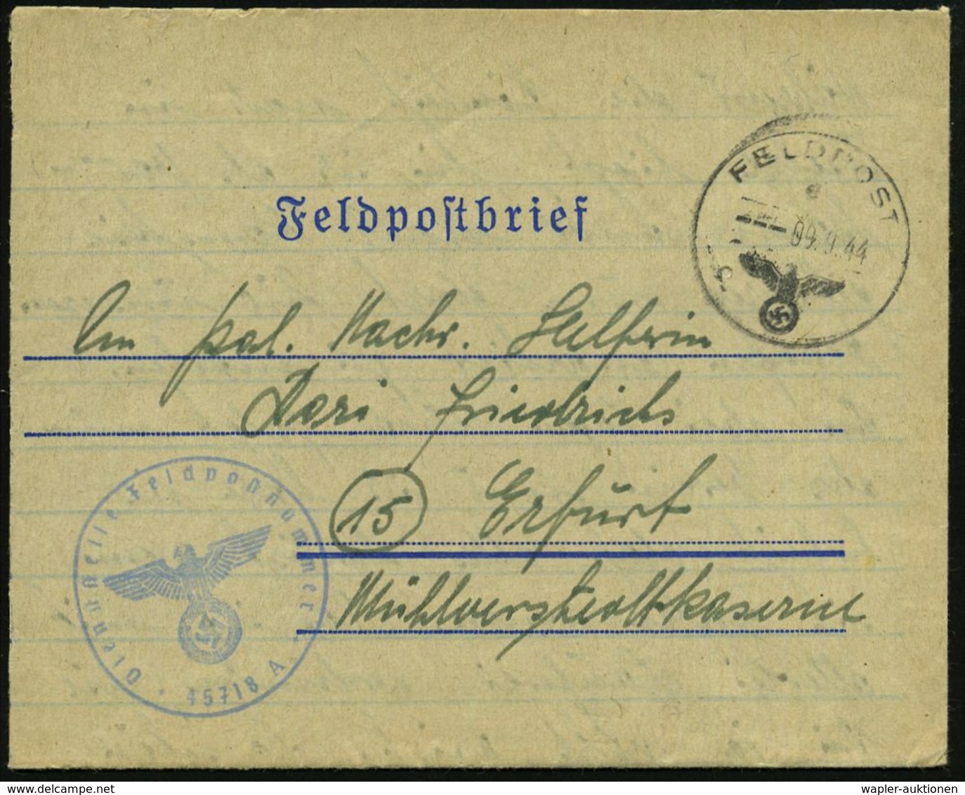GENERALGOUVERNEMENT 1944 (9.9.) 1K: FELDPOST/e/--- + Blauer 1K-HdN: Fp. Nr. 45718 A =  P O L I Z E I - Regt. 11 ; Kielce - 2. Weltkrieg