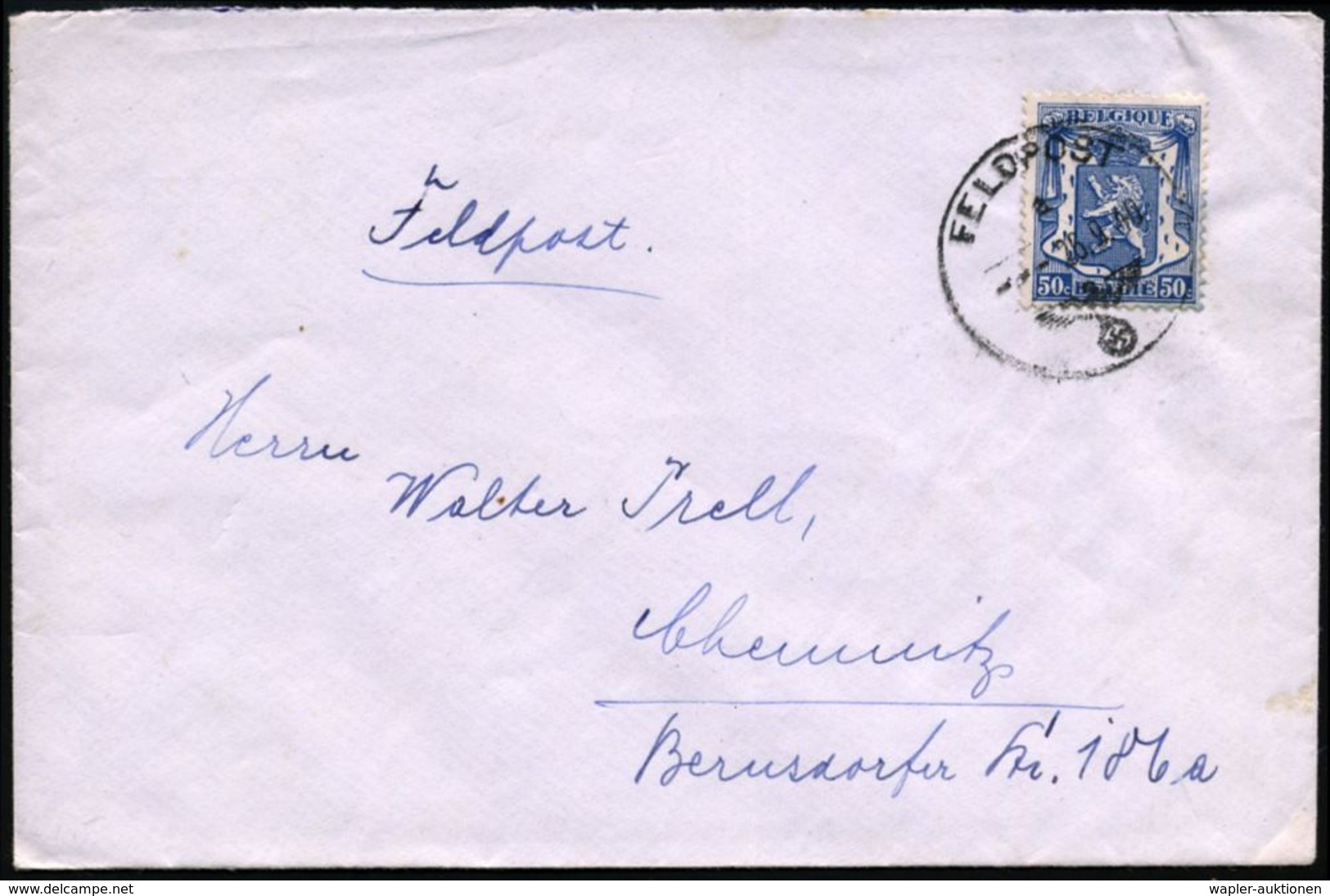 BELGIEN 1940 (26.9.) 1K: FELDPOST/a/--- Auf EF 50 C. Belgien, Mit Freimarke Frankiert, Da Ohne Briefstempel , Rs. Hs. Fp - Seconda Guerra Mondiale