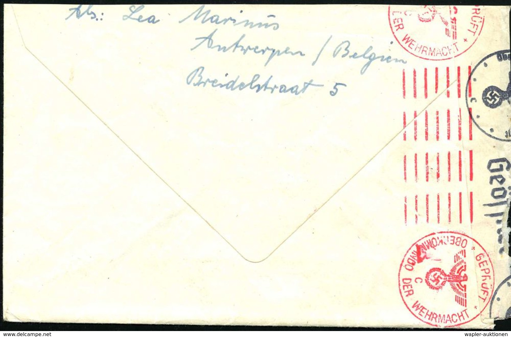 DT.BES.BELGIEN 1941 (16.9.) 1K: FELDPOST/b/--- + OKW-Zensurstreifen "c" + Roter Zensur-Bd.Ma.St. "c" = Köln (Rie.C-20, C - 2. Weltkrieg