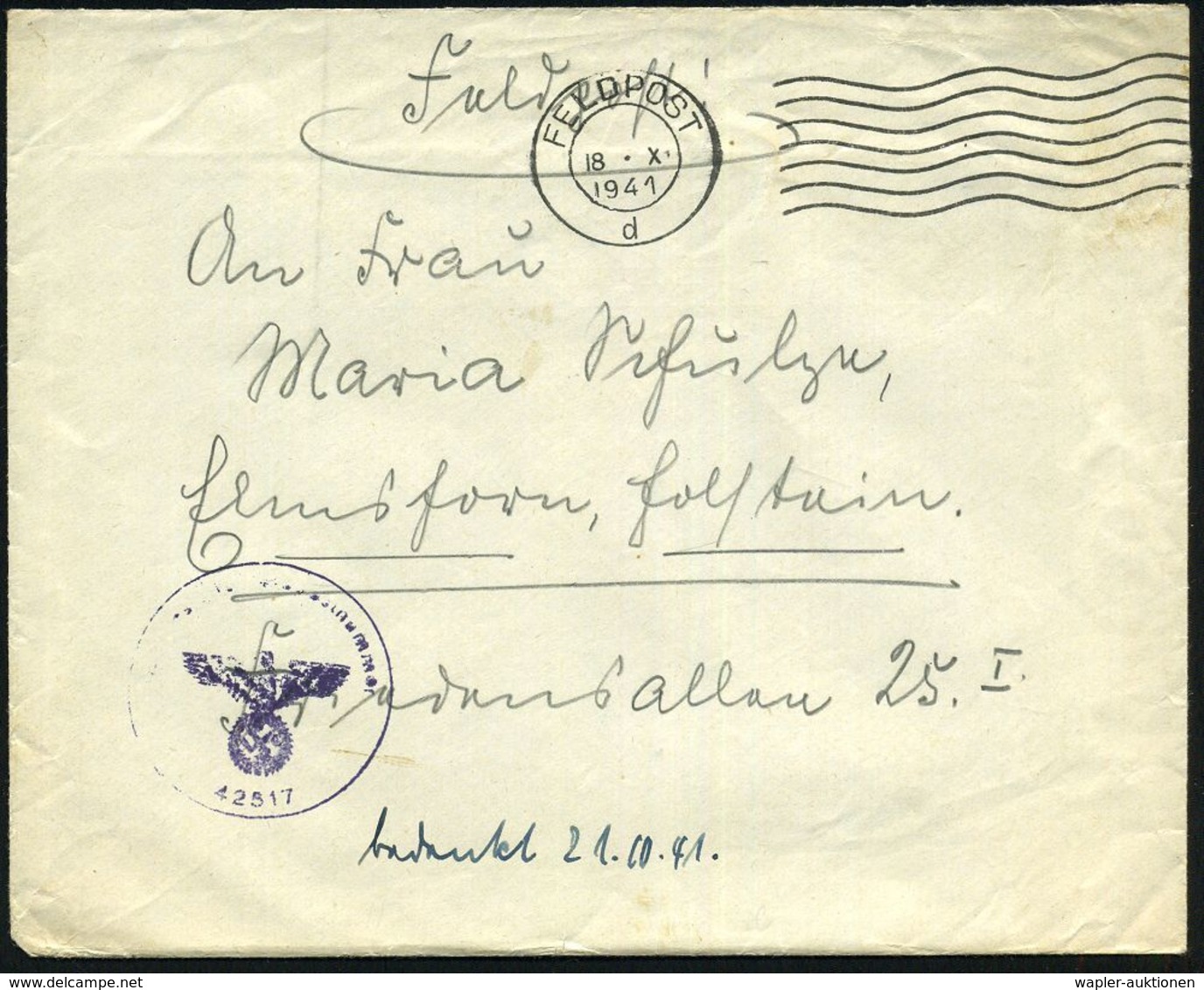 DT.BES.BELGIEN 1941 (18.11.) MaWellenSt.: FELDPOST/d = Brüssel (Mi.9) + Viol. 1K-HdN: Feldpostnr. 42517 = Wehrmachts- Un - 2. Weltkrieg