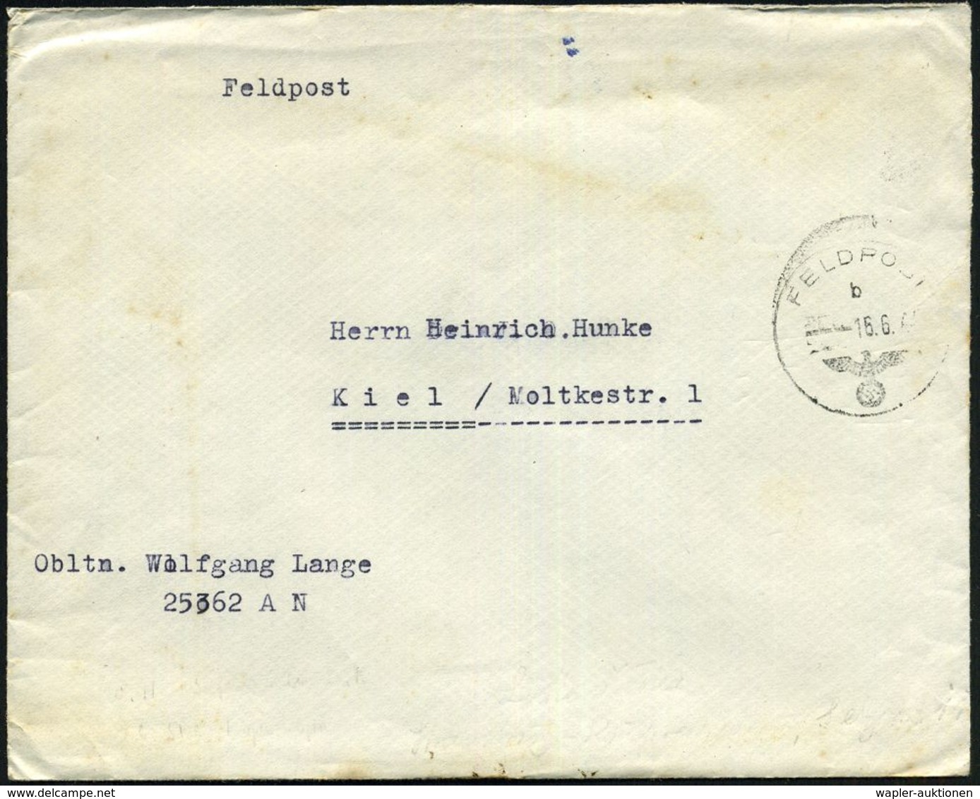 DT.BES.DÄNEMARK 1944 (16.6.) 1K: FELDPOST/b/--- + Maschinengeschriebener Abs.: 25363 A N = Wehrmachts-Befehls-haber Däne - 2. Weltkrieg