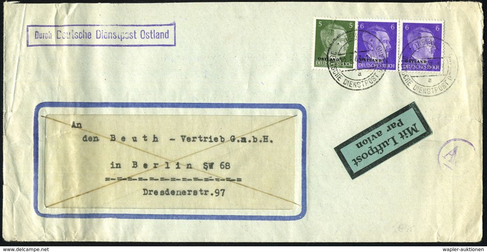 DT.BES.ESTLAND 1943 (22.5.) Hitler 5 Pf. U. 2x 6 Pf., 2x 2K-Steg: REVAL/a/DDPO + Viol. Ra.: Durch Deutsche Dienstpost Os - WO2