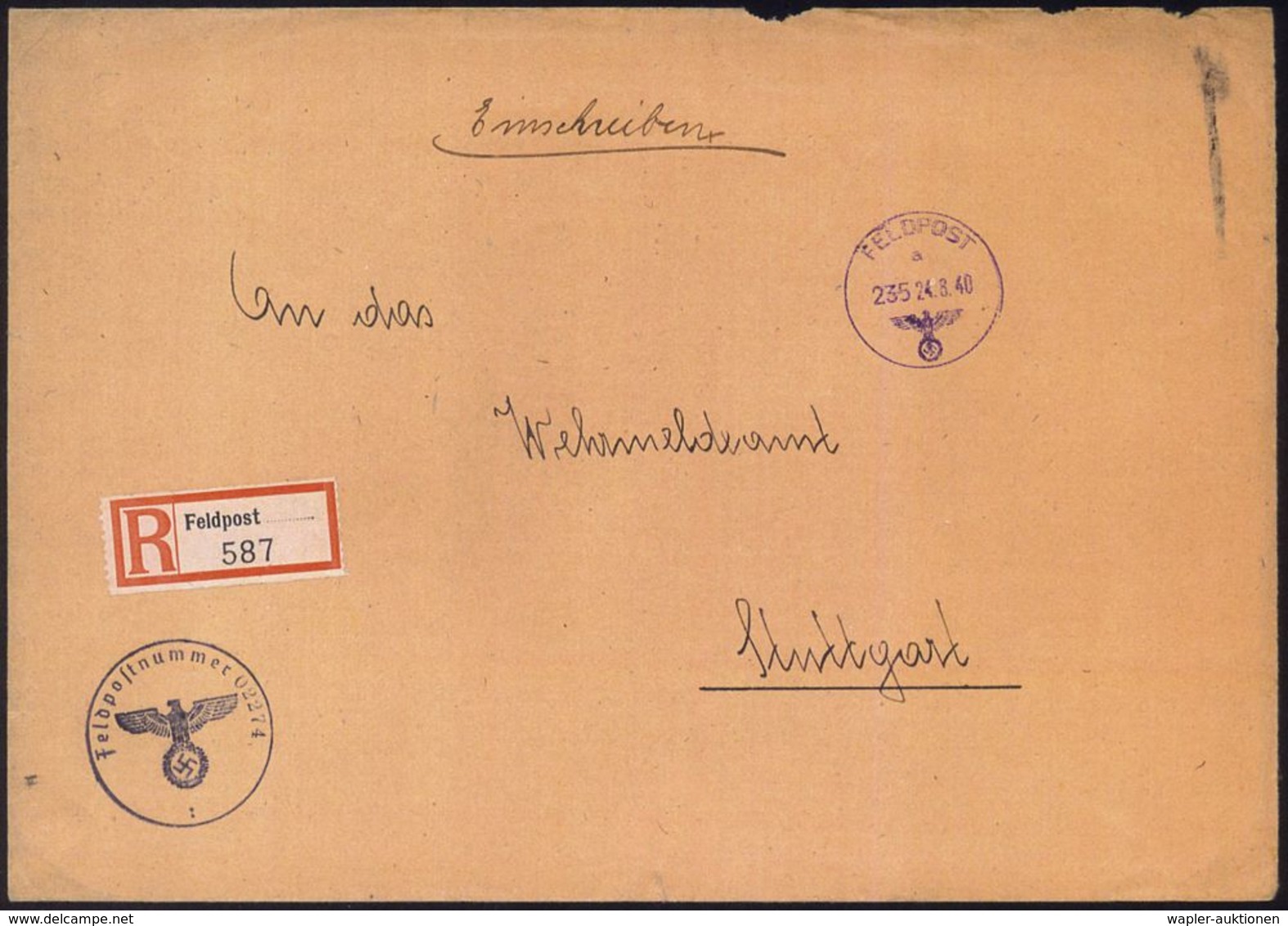 DEUTSCHES REICH 1940 (24.8.) V I O L E T T E R  1K: FELDPOST/a/235 = Feldpostamt 563 , Frankreich + Neutraler Feldpost-R - Guerre Mondiale (Seconde)