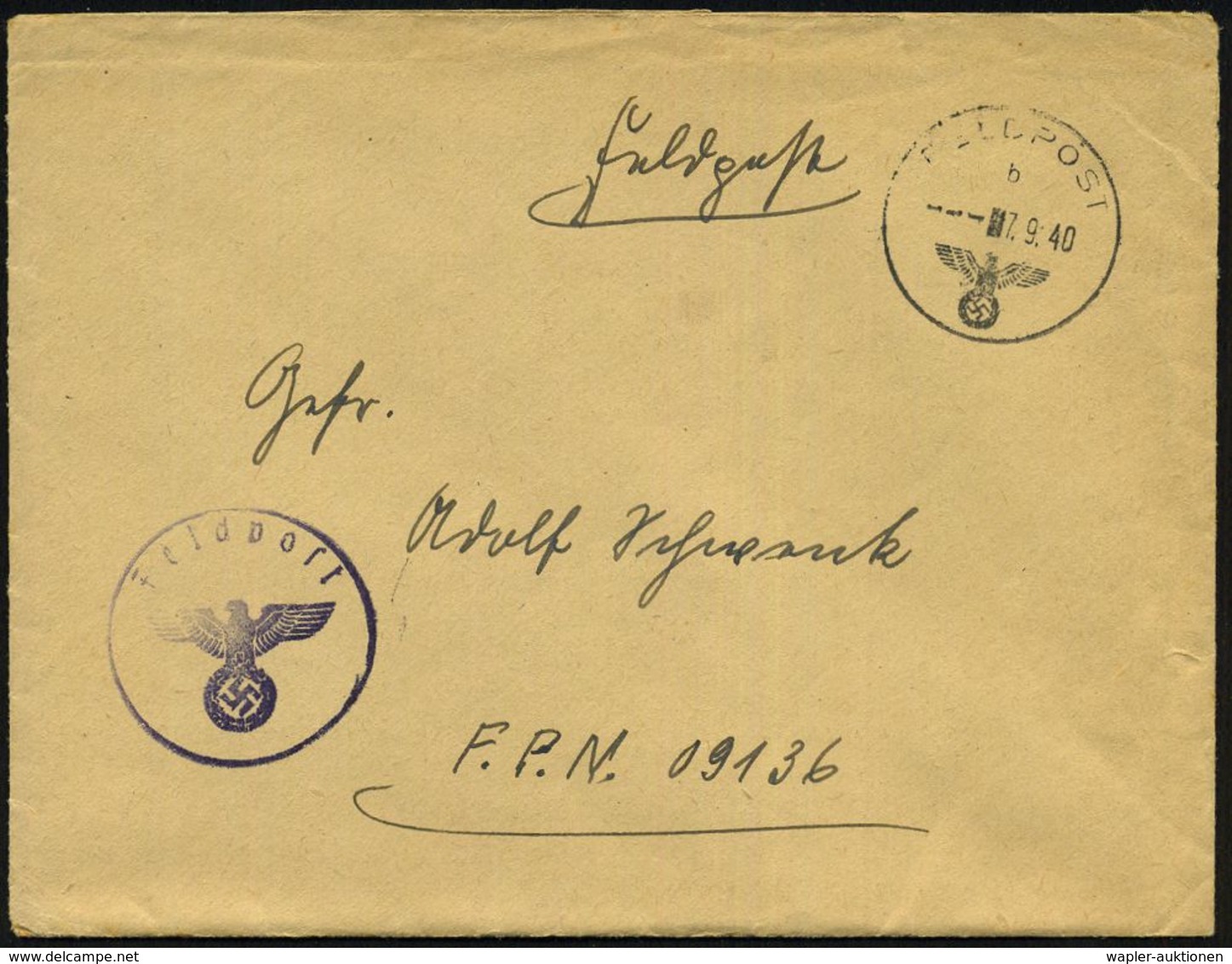 DT.BES.FRANKREICH 1940 (7.9.) 1K: FELDPOST/b/--- + Viol. Neutraler 1K-HdN: Feldpost + Rs. Hs. Feldpost-Nr. 14994 LGA Par - Guerre Mondiale (Seconde)